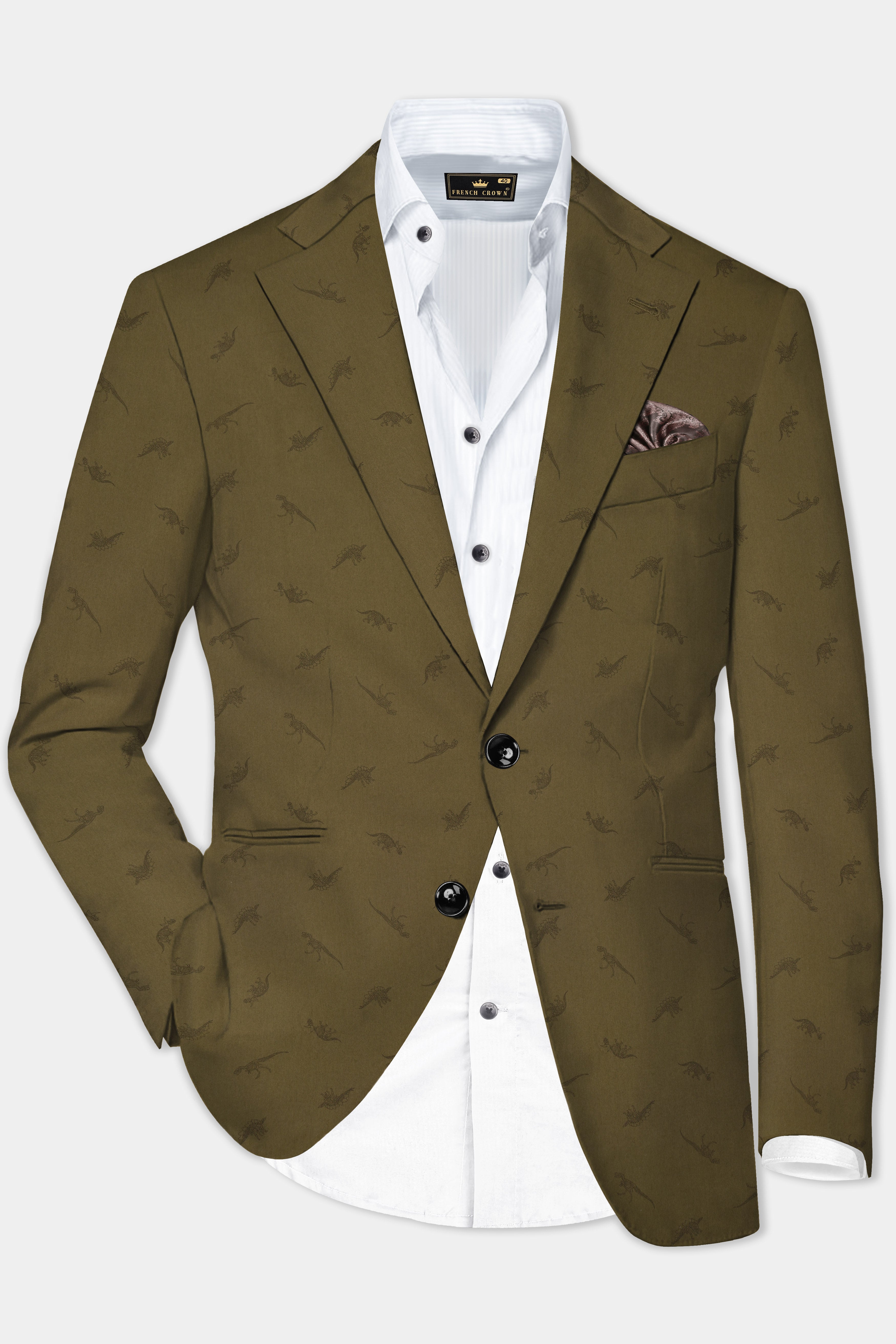Prehistoric-Hemlock Green Dinosaur Printed Cotton Single Breasted Blazer
