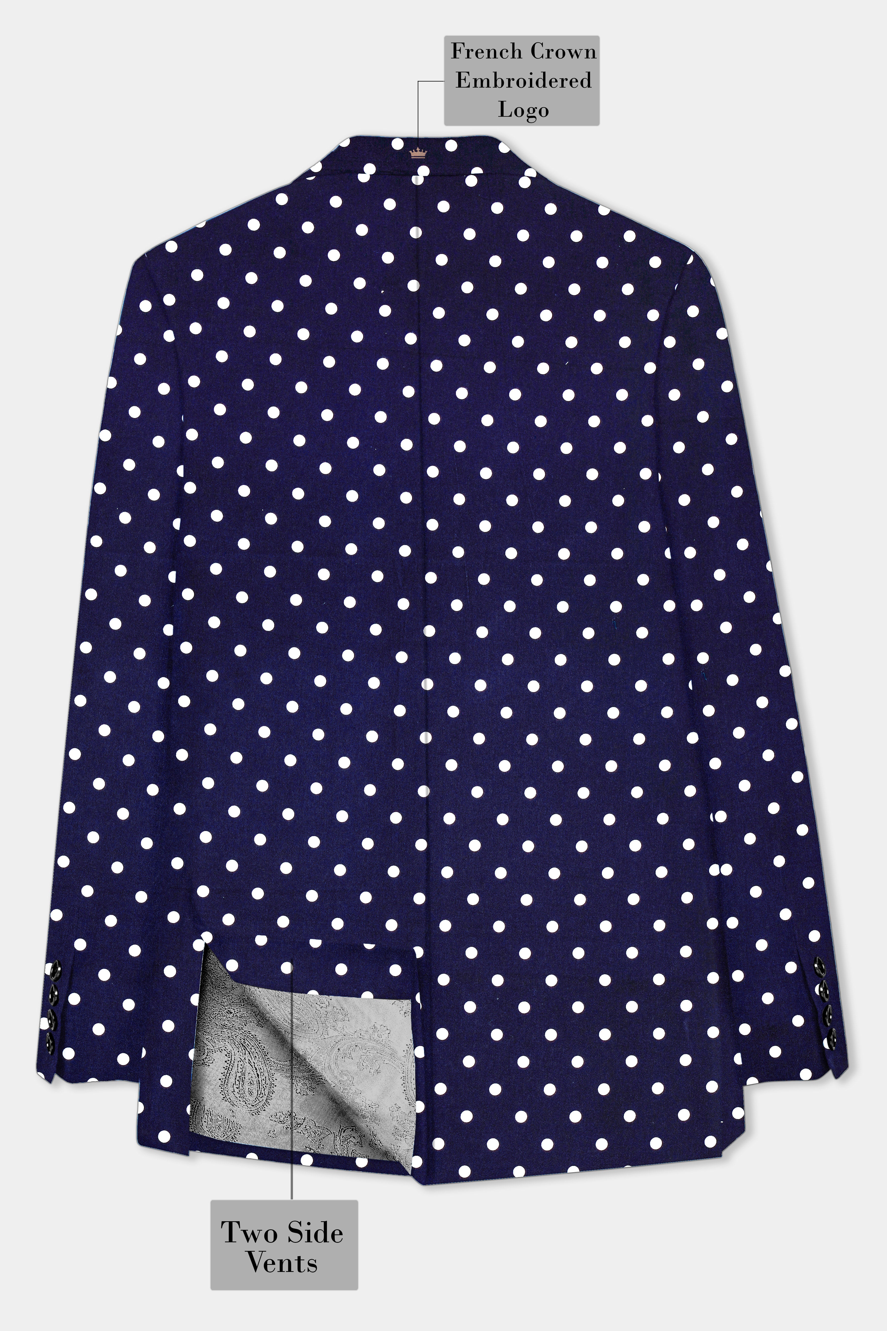 Azure Noir-Ultramarine Blue Polka Dotted Printed Single Breasted Blazer