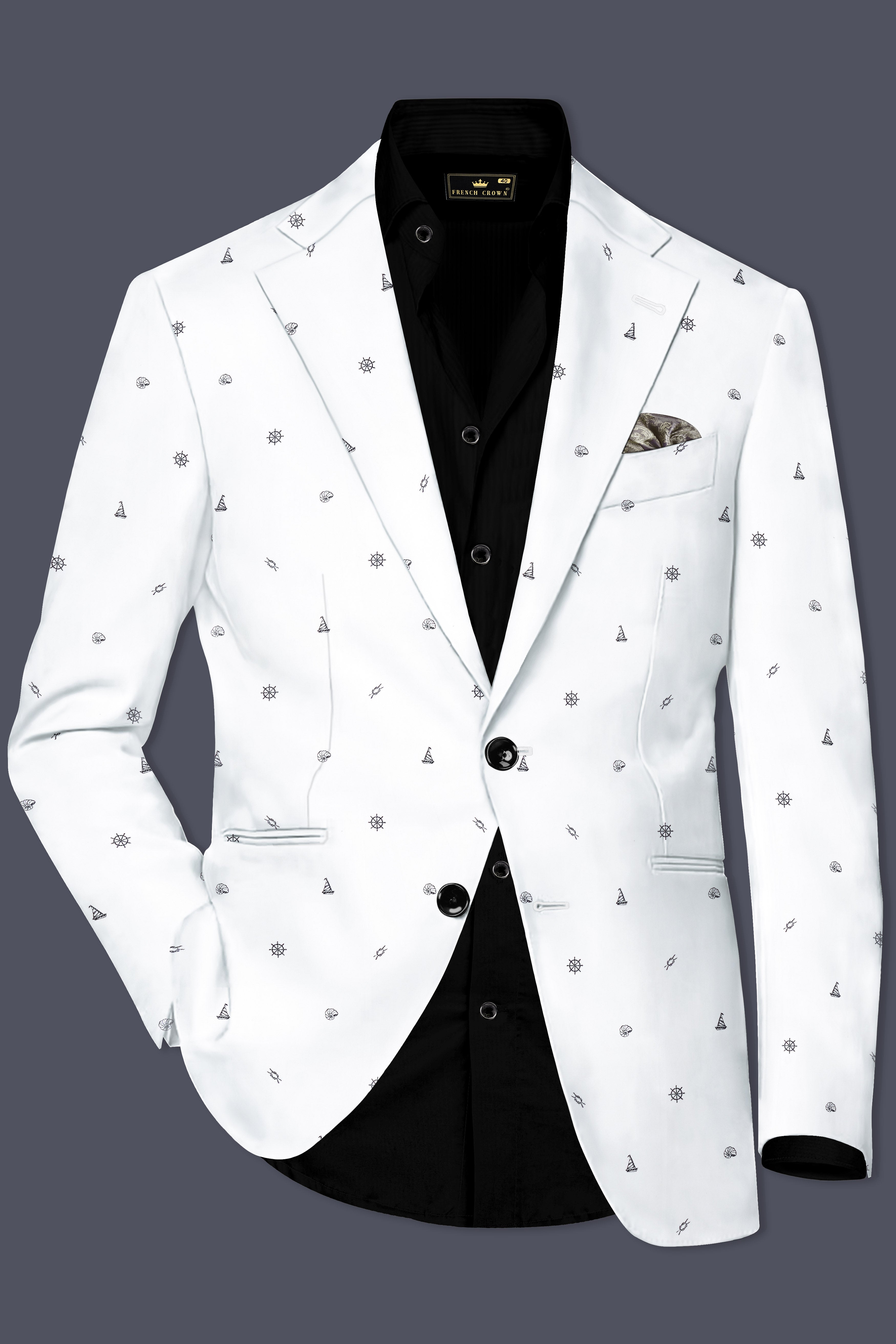 Nautical Tide-Bright White Nautical Printed Cotton Single Breasted Blazer