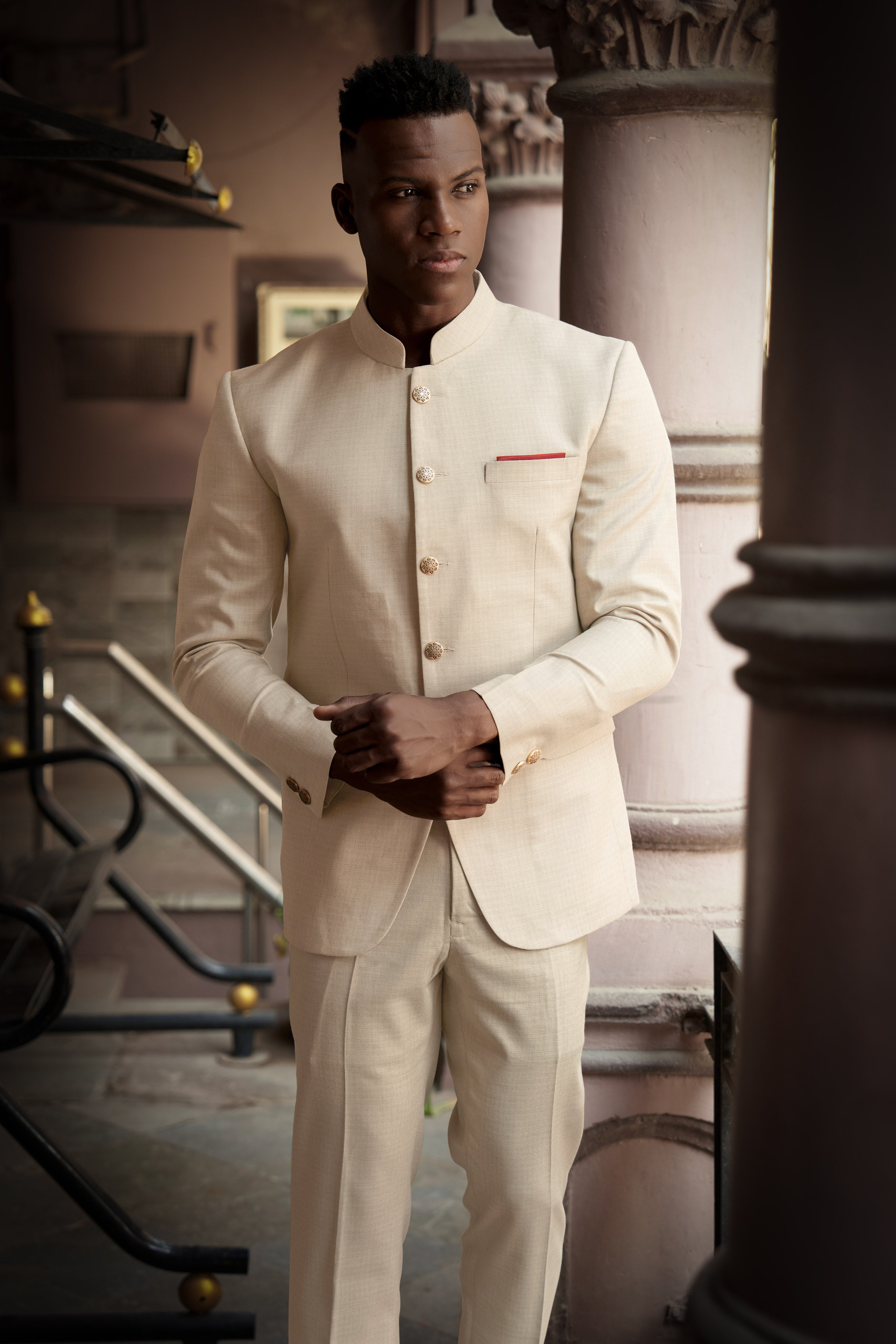 Almond-Pavlova Cream Plaid Wool Rich Bandhgala Blazer