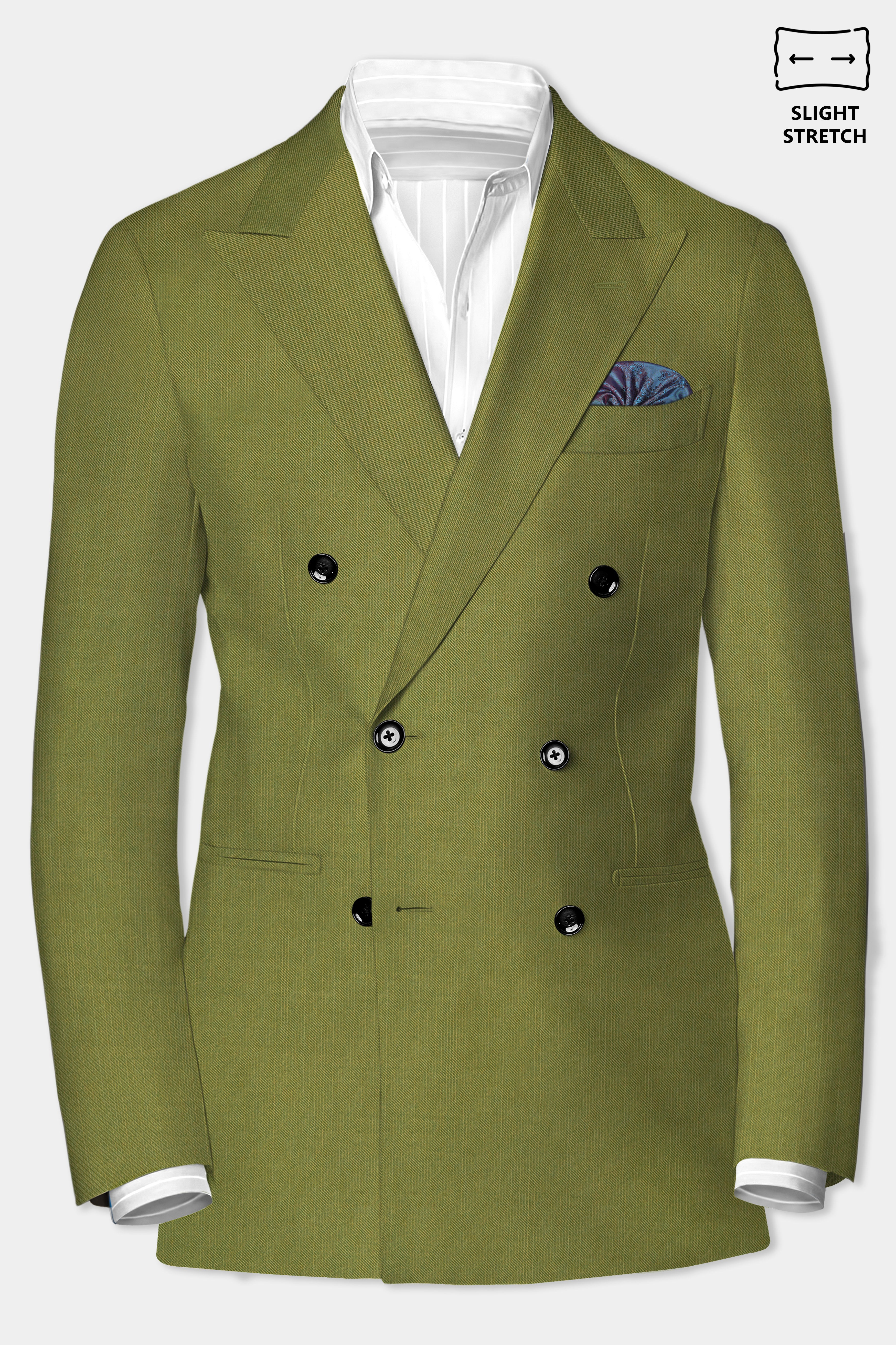 Glade-Muddy Green Solid Wool Rich Double Breasted Slight Stretch Blazer