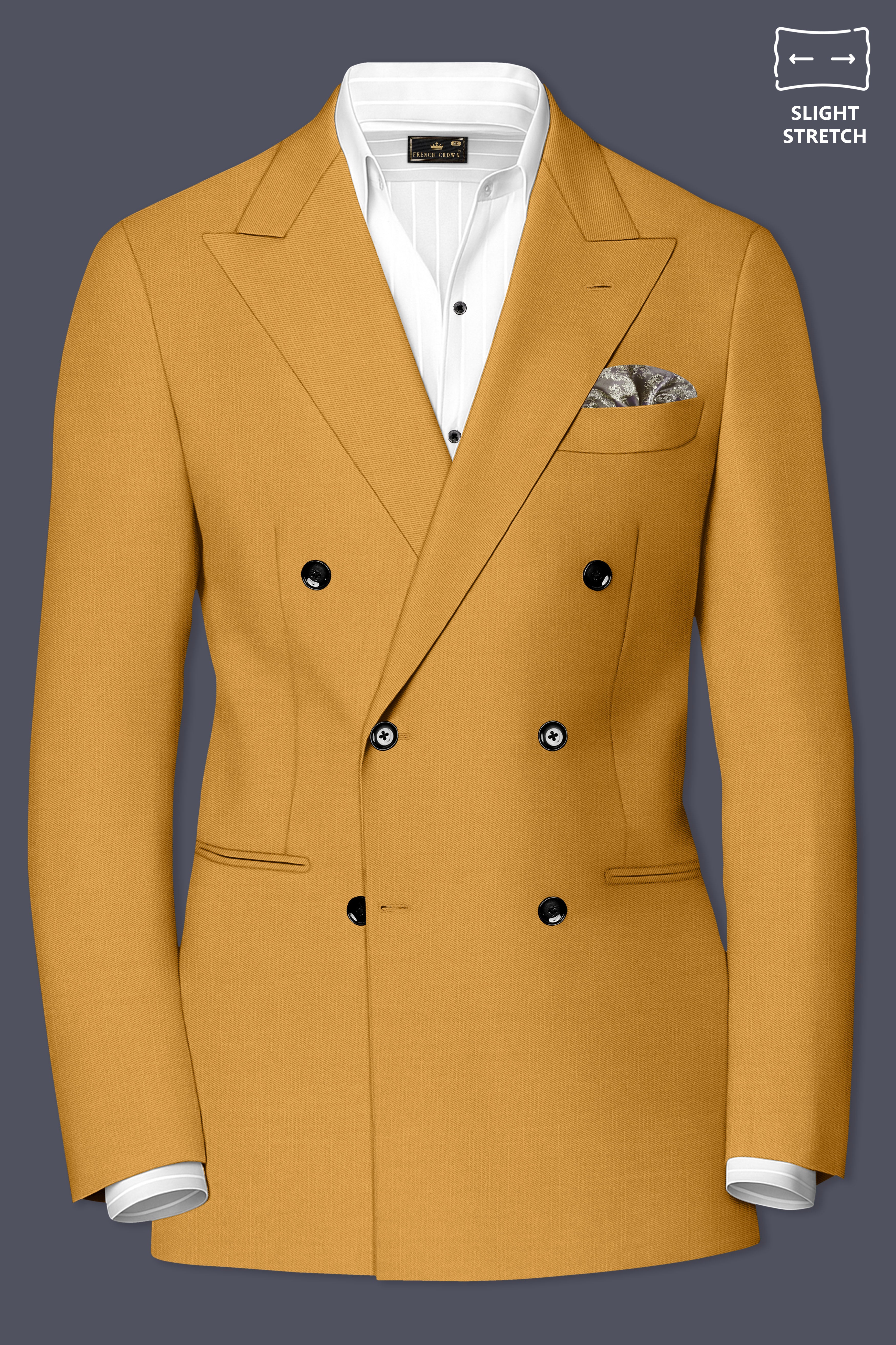 Saffron-Harvest Yellow Solid Wool Rich Double Breasted Slight Stretch Blazer