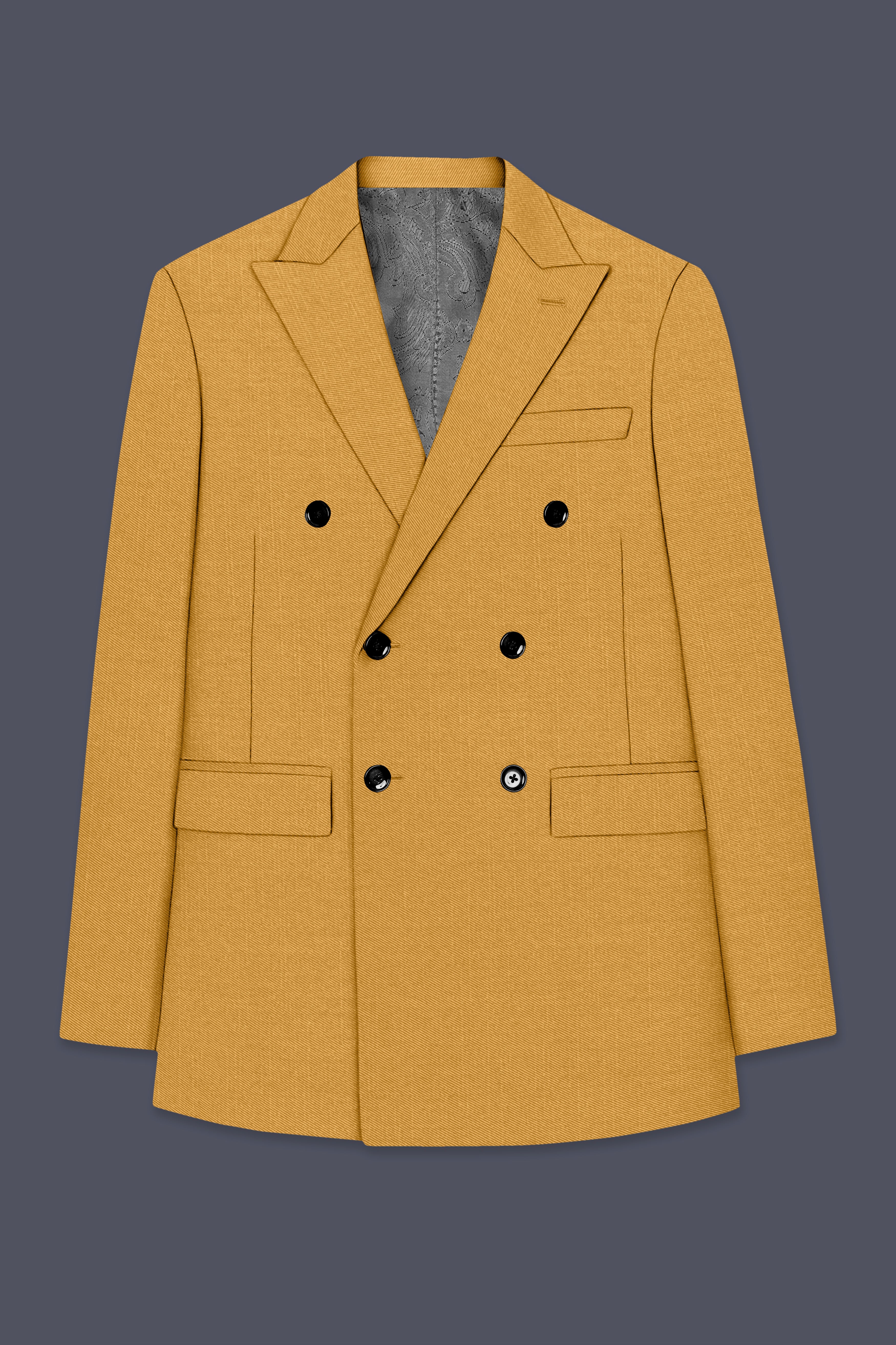 Saffron-Harvest Yellow Solid Wool Rich Double Breasted Slight Stretch Blazer