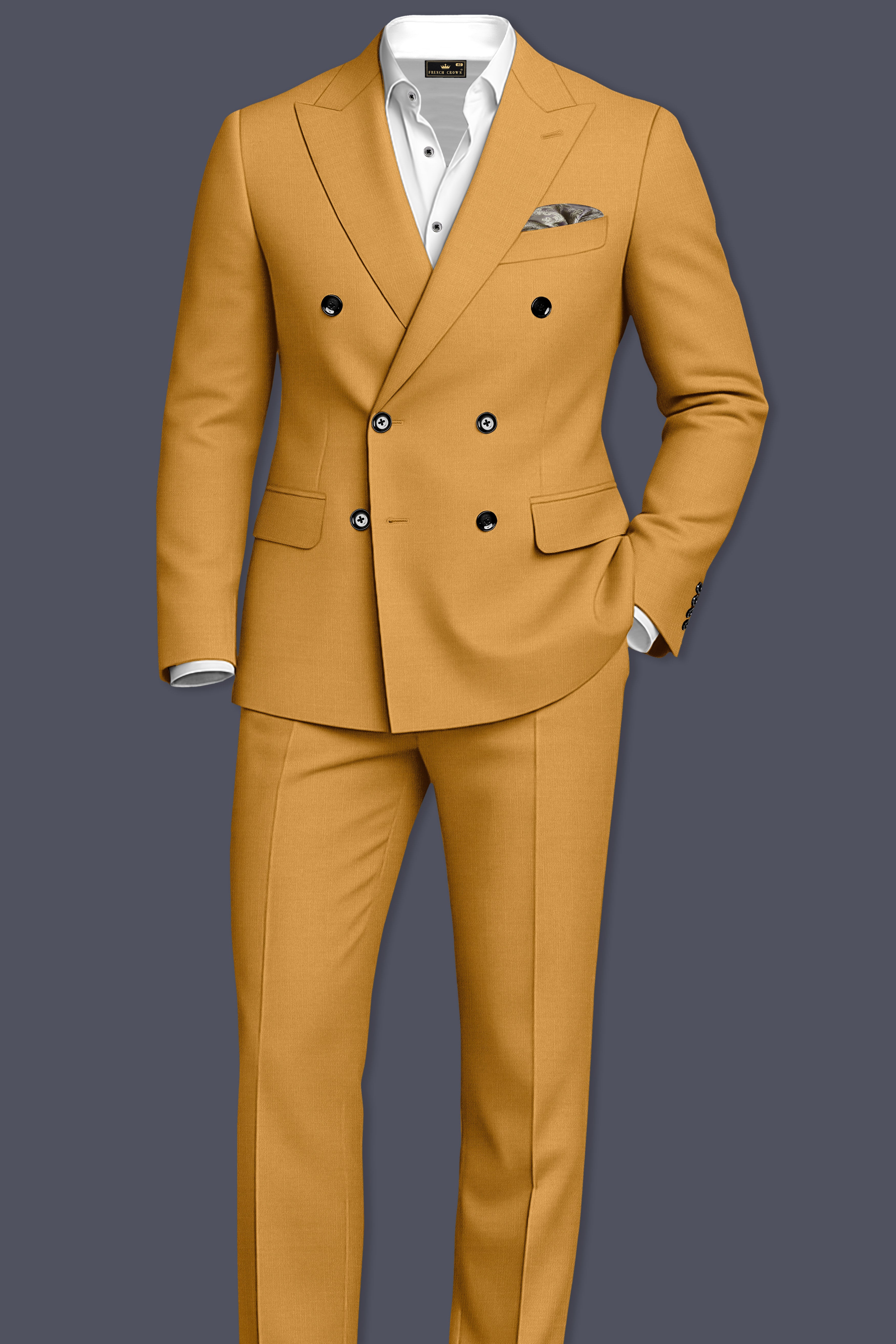 Saffron-Harvest Yellow Solid Wool Rich Double Breasted Slight Stretch Blazer