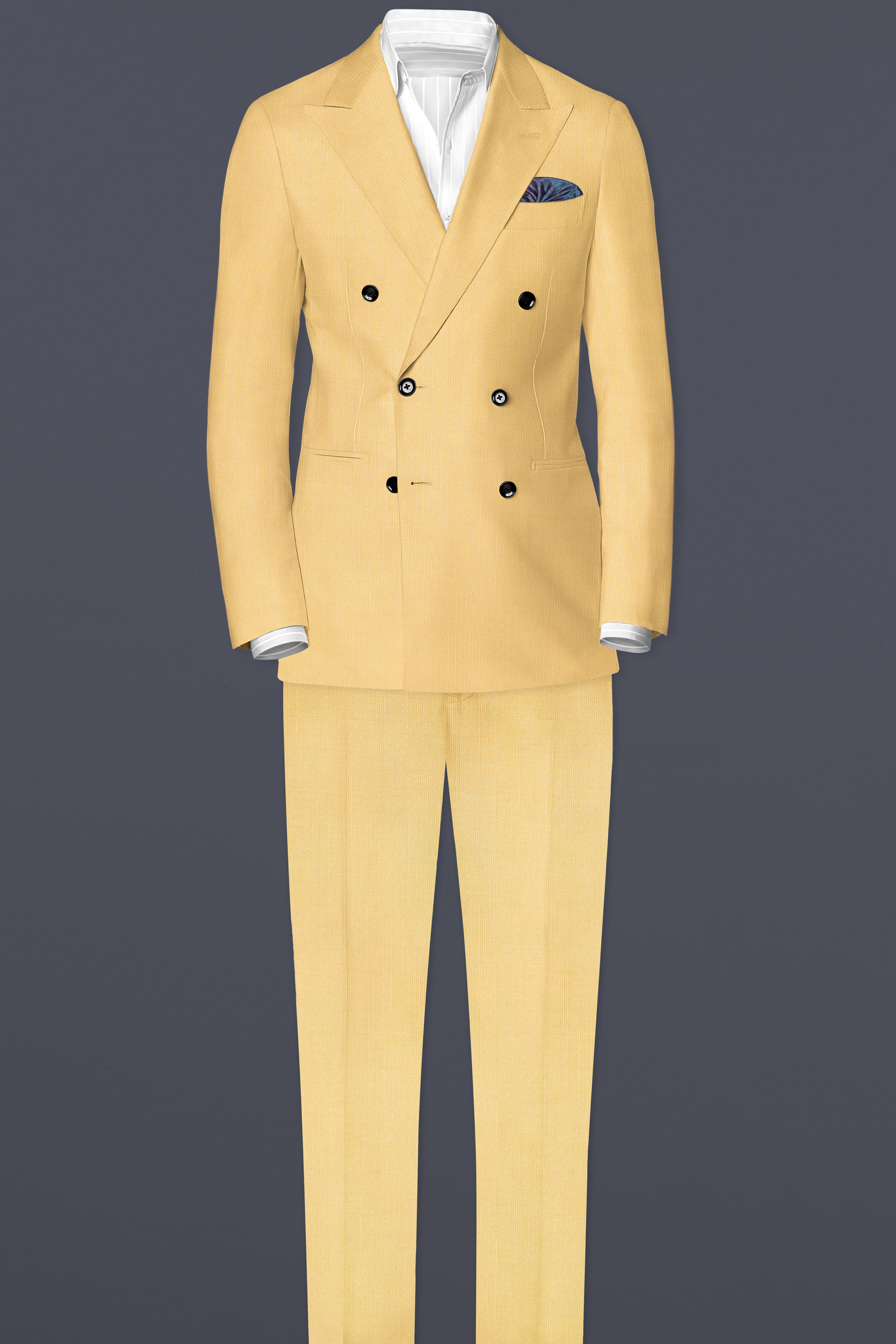 Saffron-Harvest Yellow Solid Wool Rich Double Breasted Slight Stretch Blazer