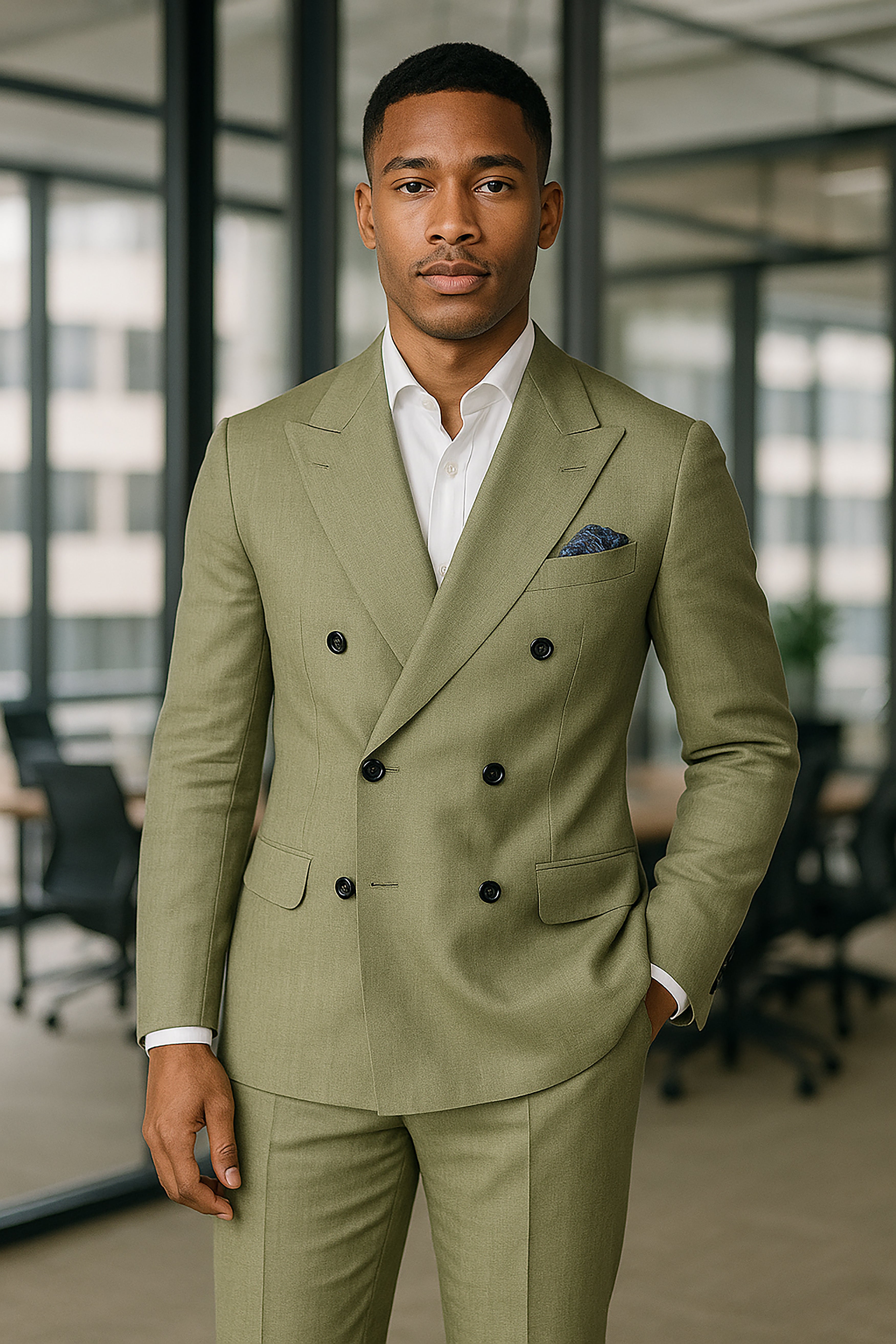 Marsh-Swamp Green Solid Wool Rich Double Breasted Stretchable Traveler Blazer