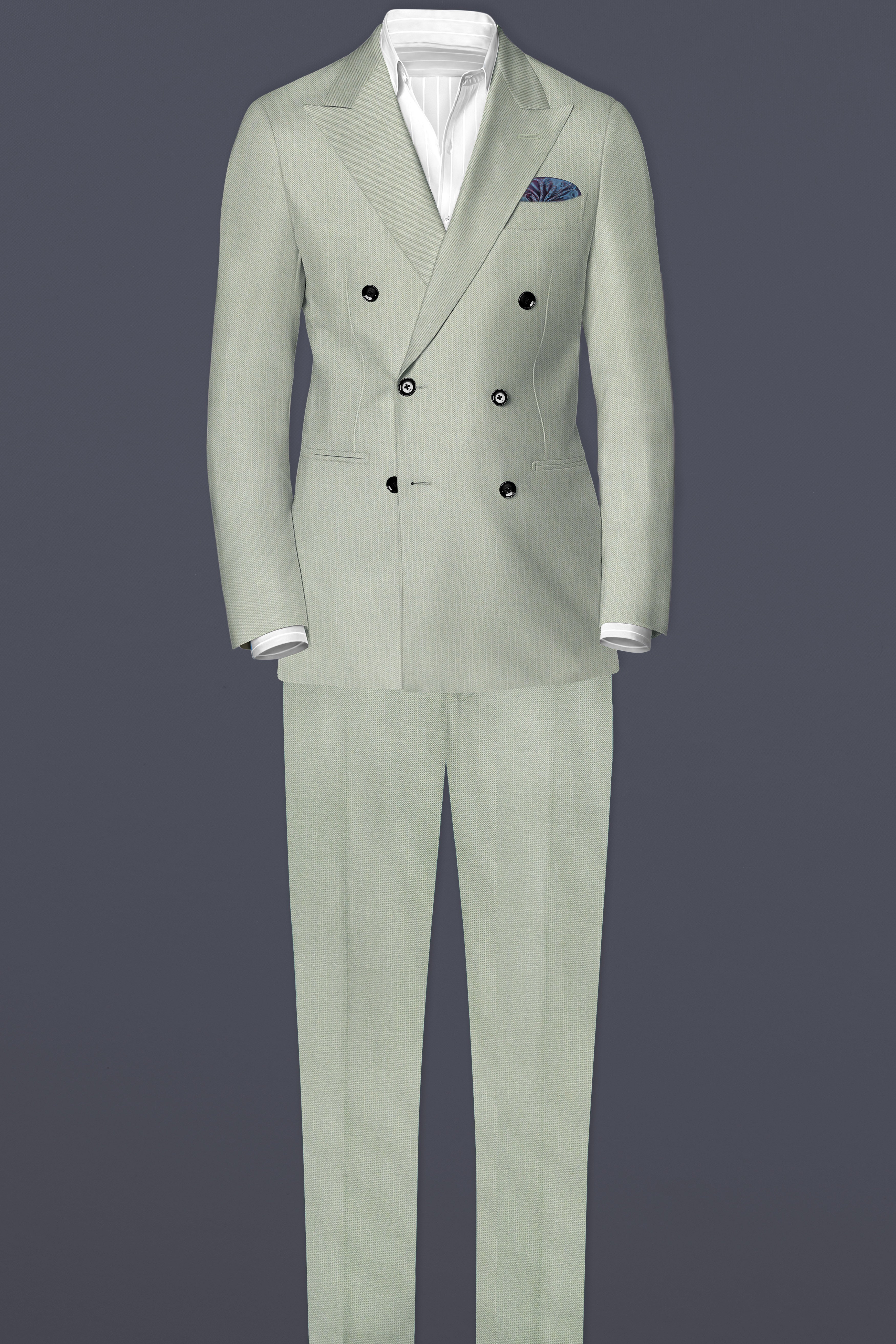 Lichen-Norway Green Solid Wool Rich Double Breasted Slight Stretch Blazer