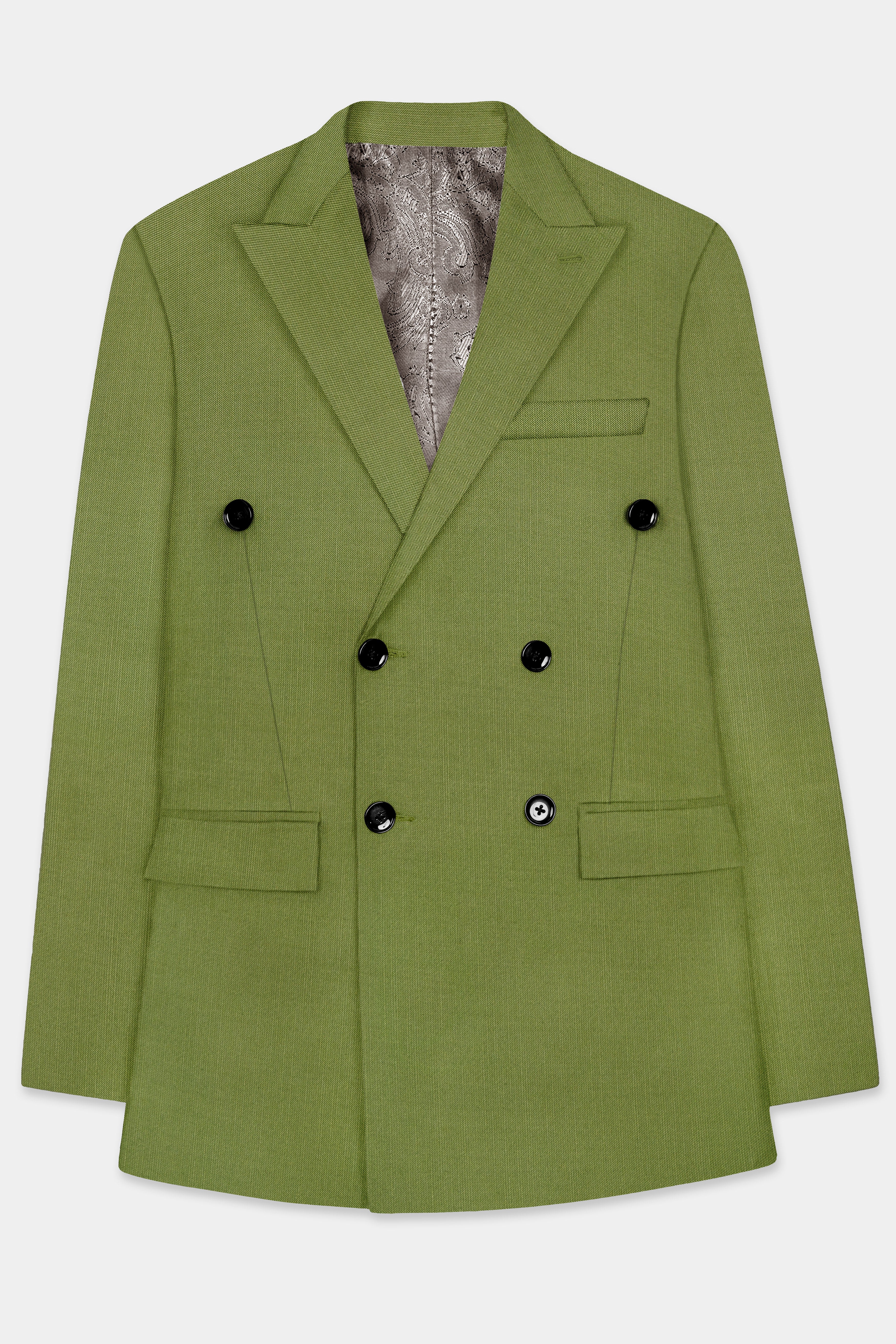 Pistachio-Wasabi Green Solid Wool Rich Double Breasted Slight Stretch Blazer