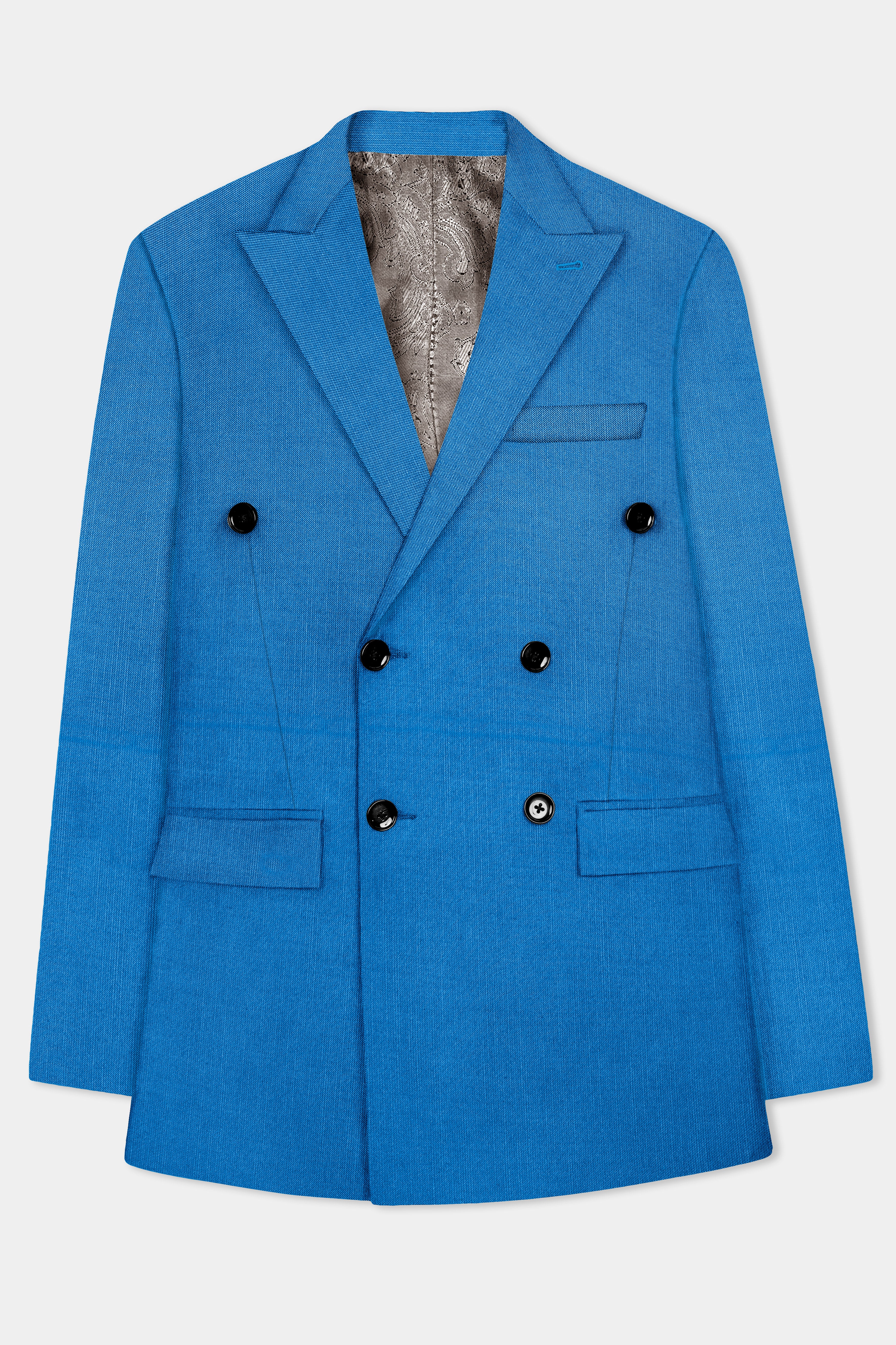 Azure-Venice Blue Solid Wool Rich Double Breasted Stretchable Traveler Blazer