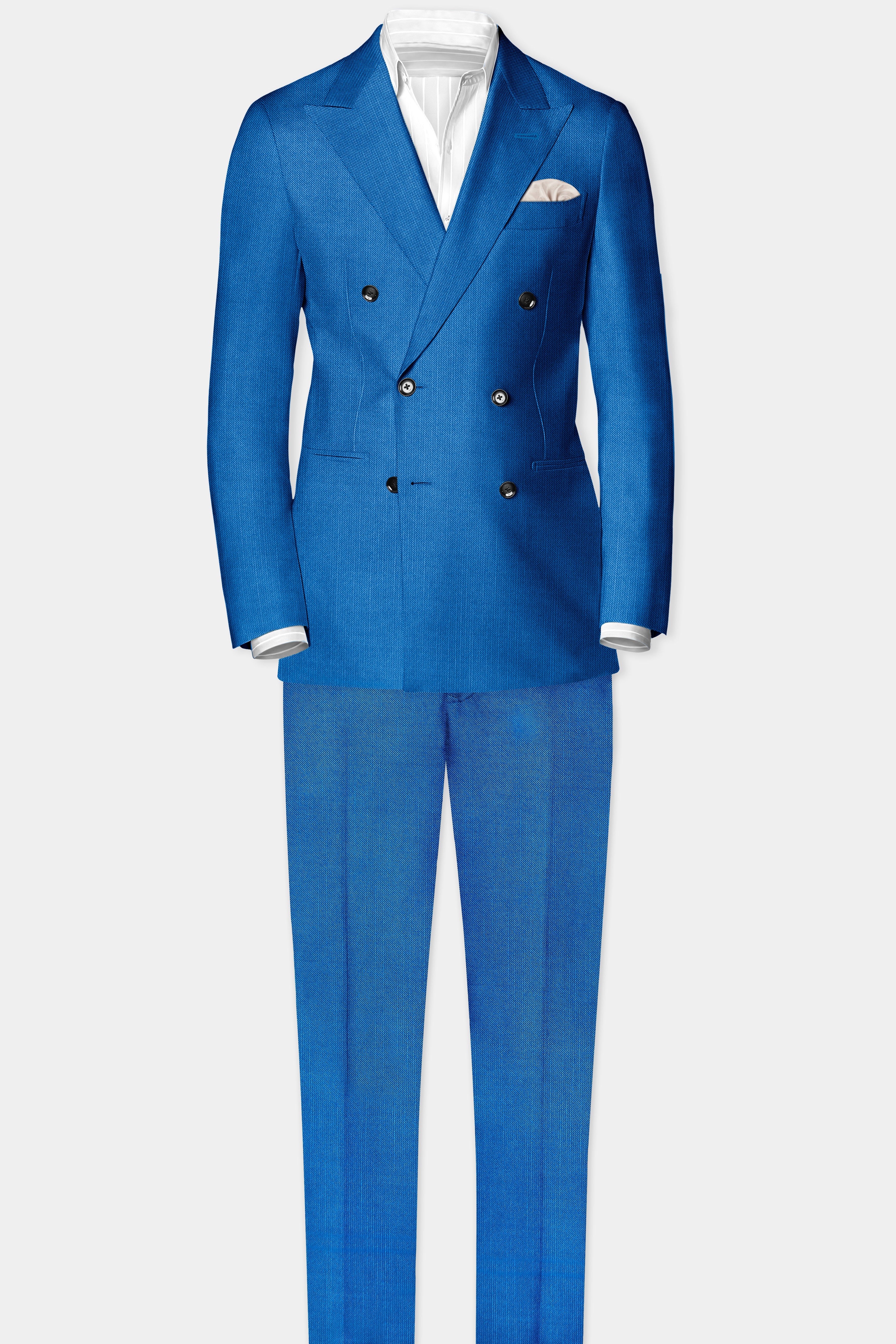 Azure-Venice Blue Solid Wool Rich Double Breasted Stretchable Traveler Blazer
