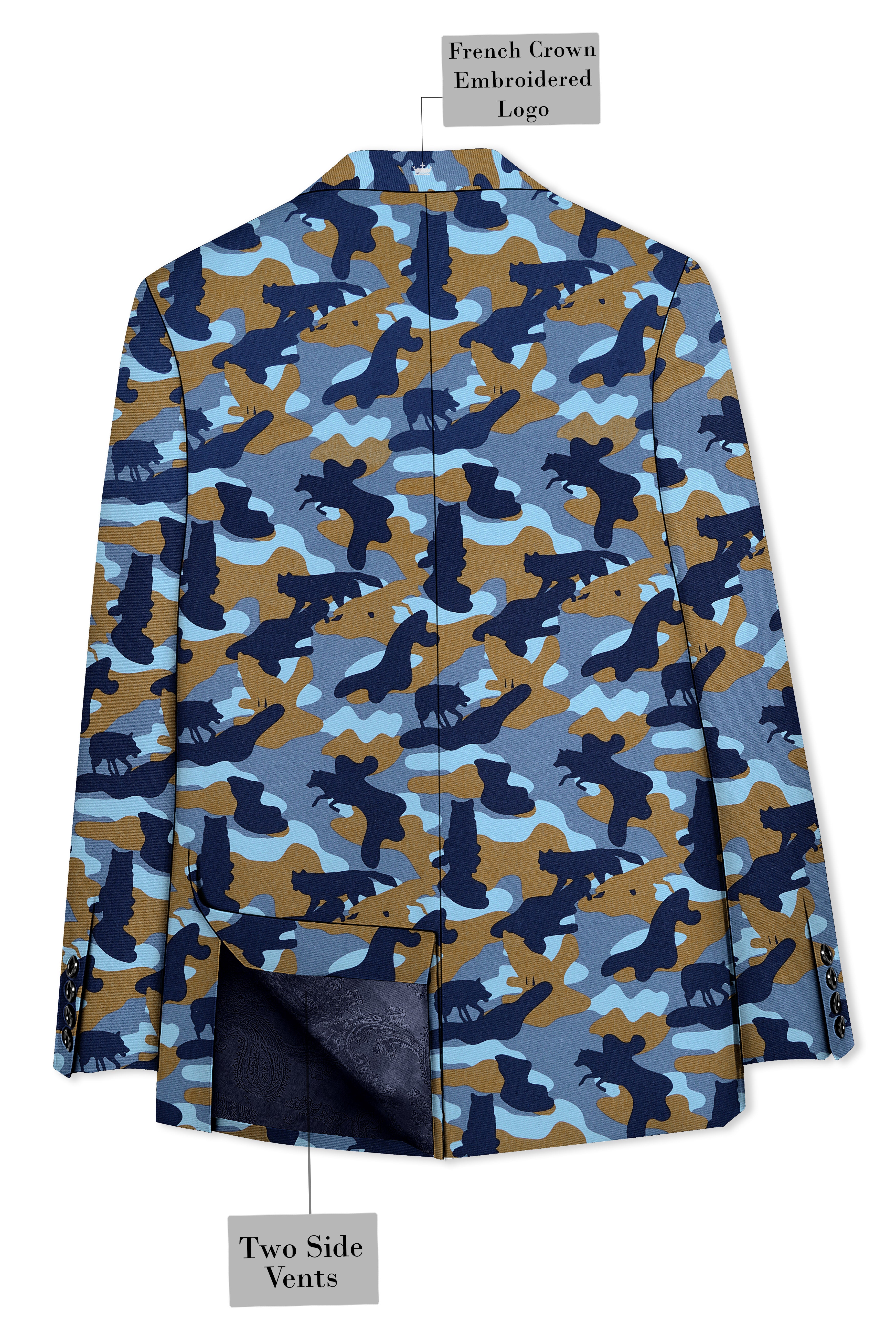 Martinique Blue And Irish Brown Camouflage Printed Single Breasted Blazer