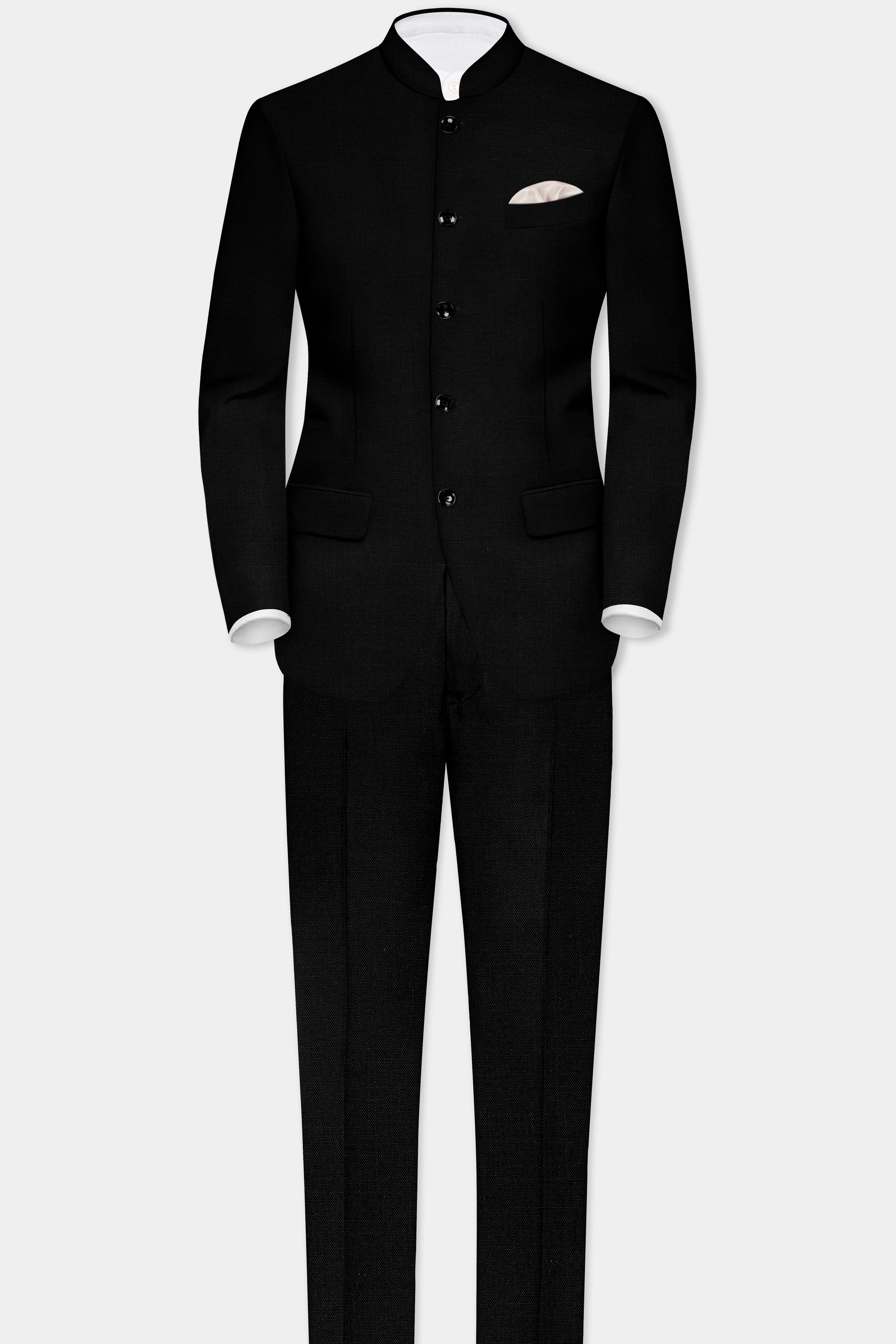 Jade Black Solid Bandhgala Luxurious Linen Blazer