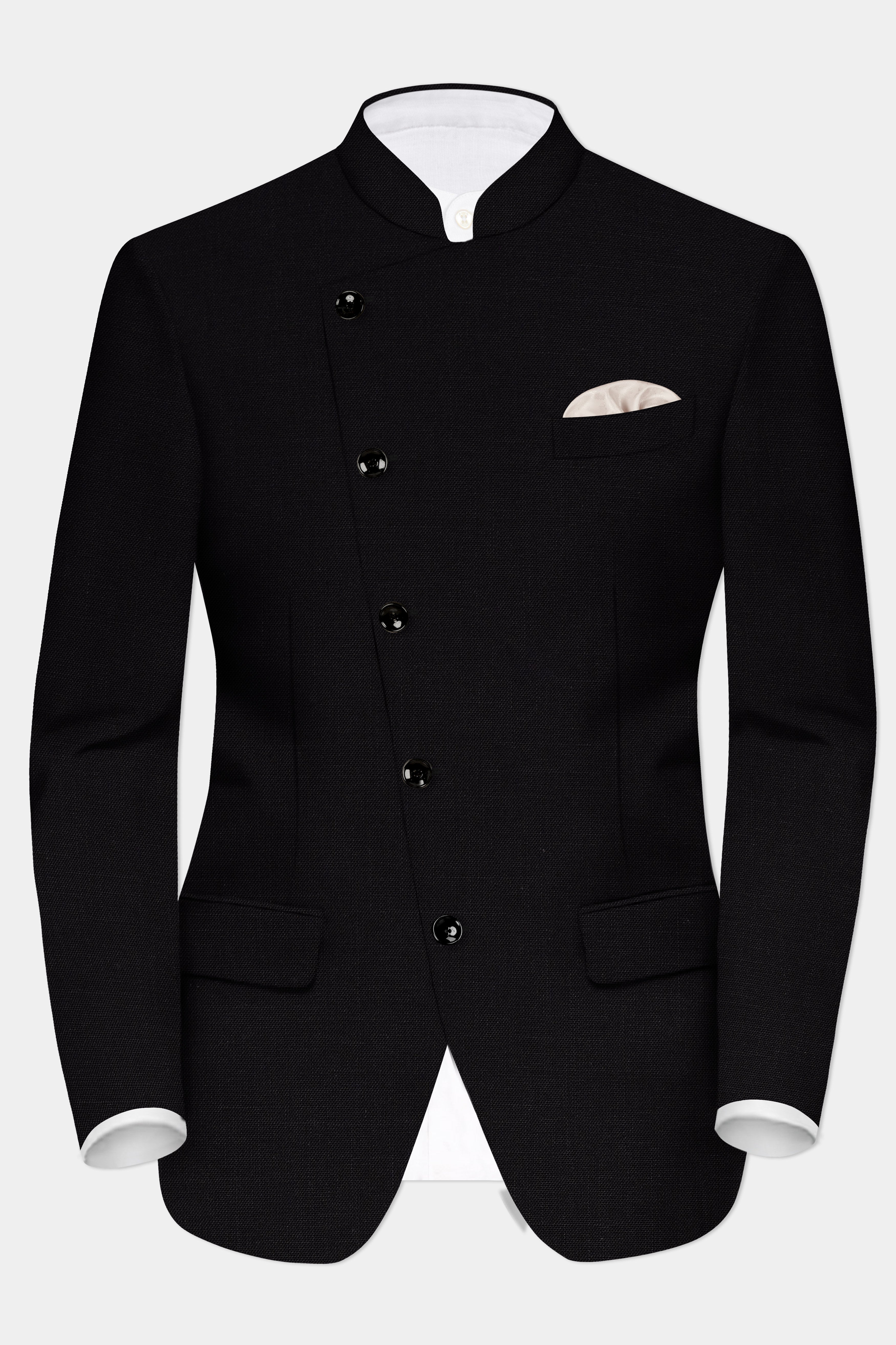Jade Black Solid Wool Rich Cross Placket Bandhgala Luxurious Linen Blazer