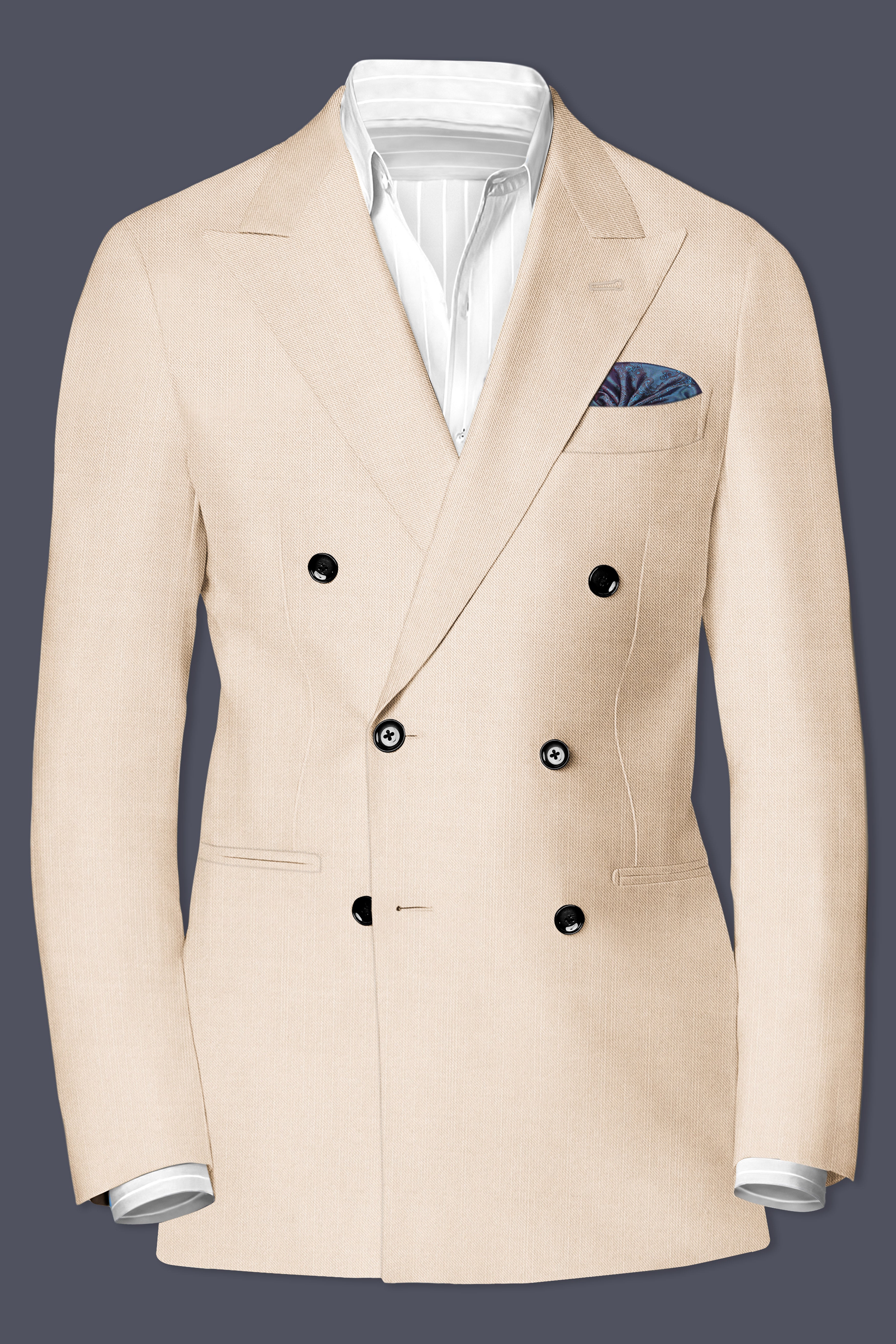 Biscotti-Parchment Cream Solid Wool Rich Double Breasted Stretchable traveler Blazer