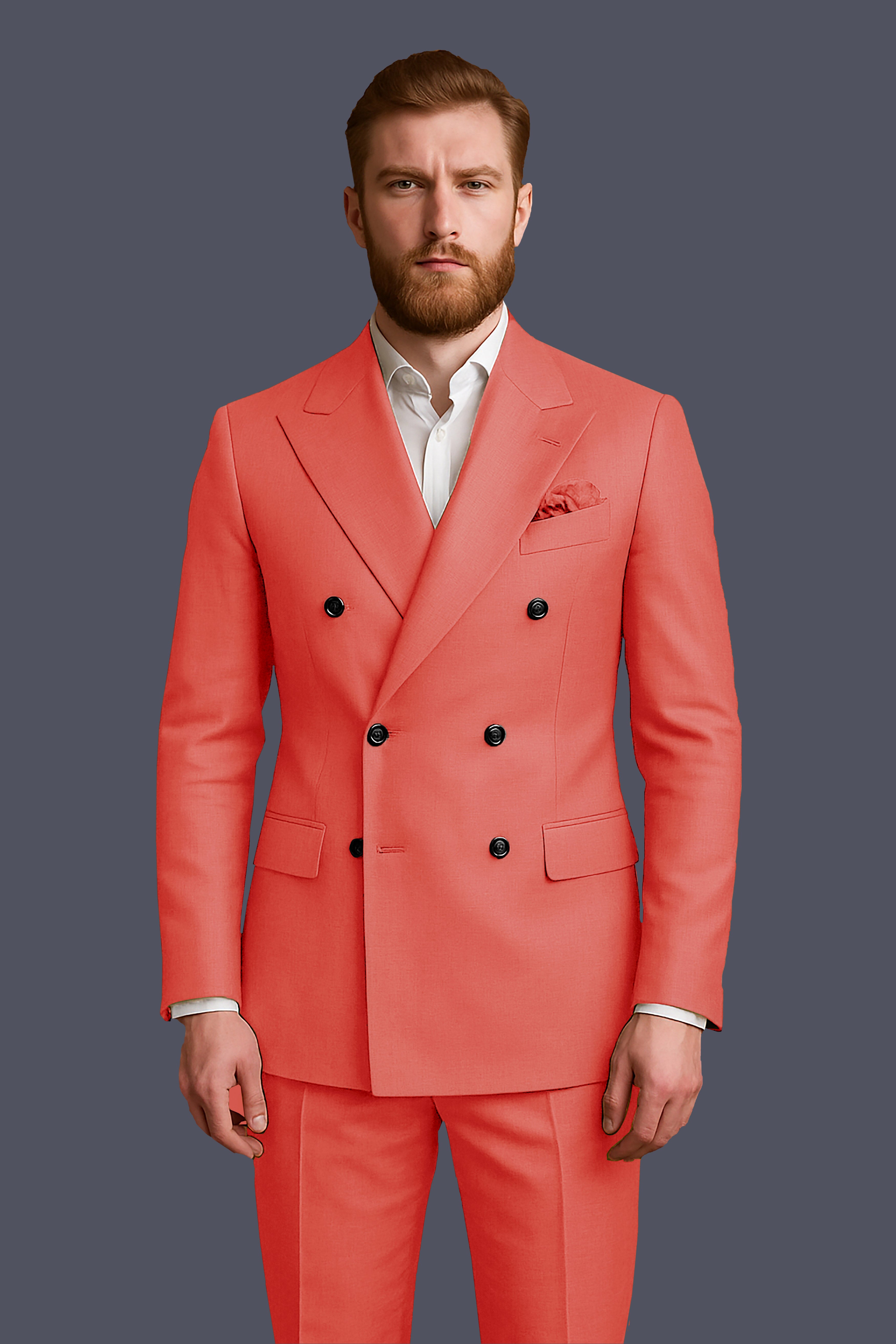 Aurora-Salmon Orange Solid Wool Rich Double Breasted Stretchable traveler Blazer