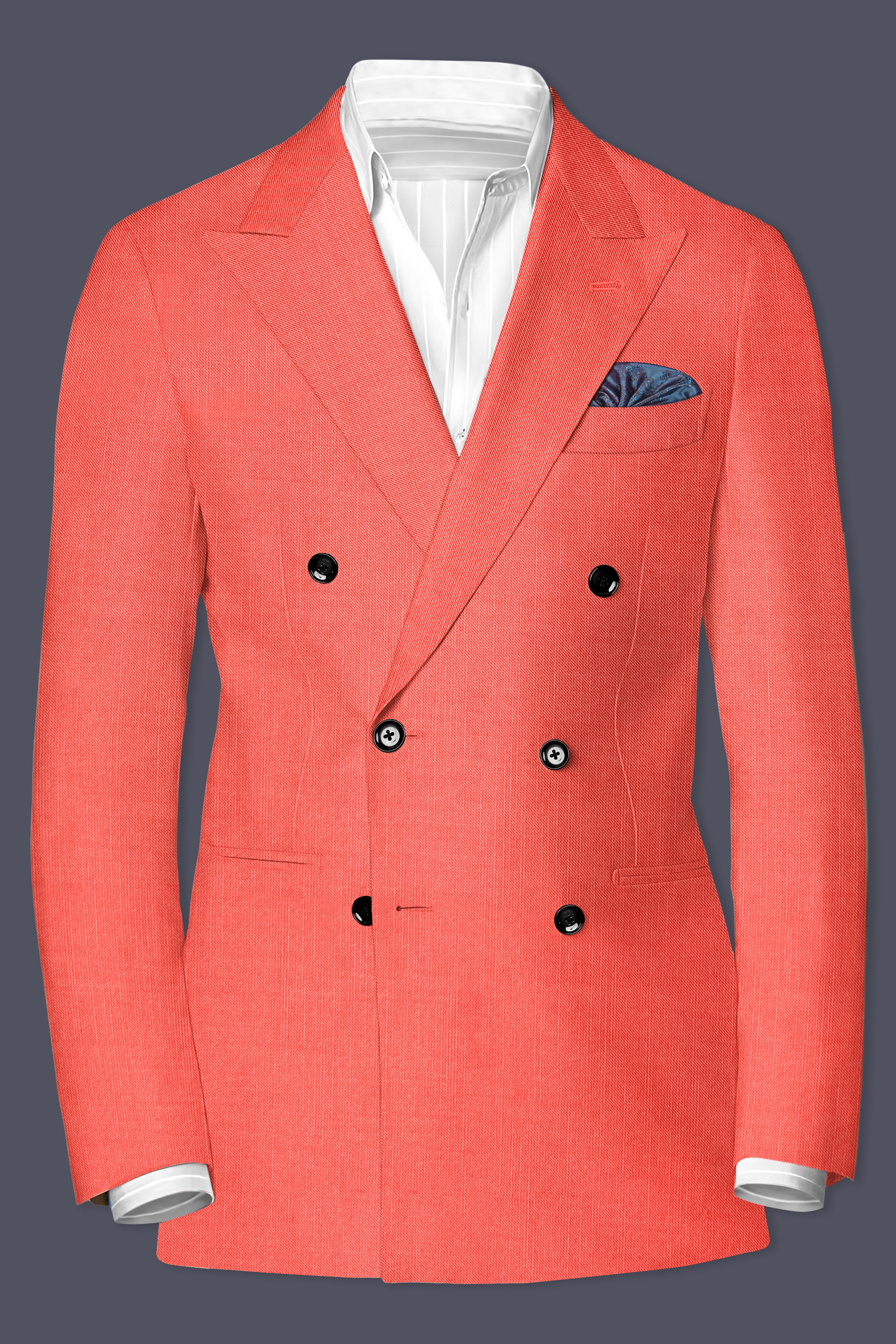 Aurora-Salmon Orange Solid Wool Rich Double Breasted Stretchable traveler Blazer