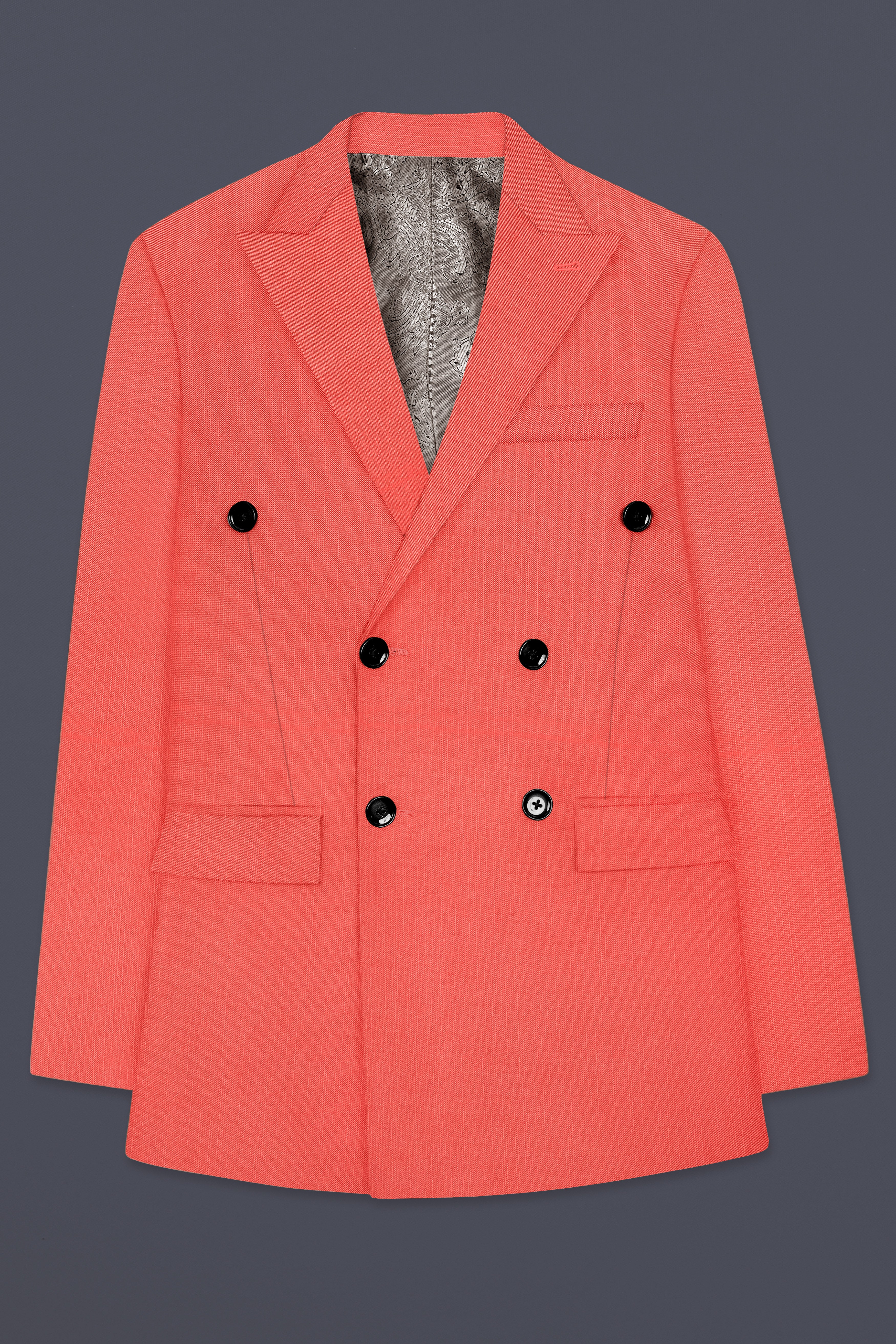 Aurora-Salmon Orange Solid Wool Rich Double Breasted Stretchable traveler Blazer