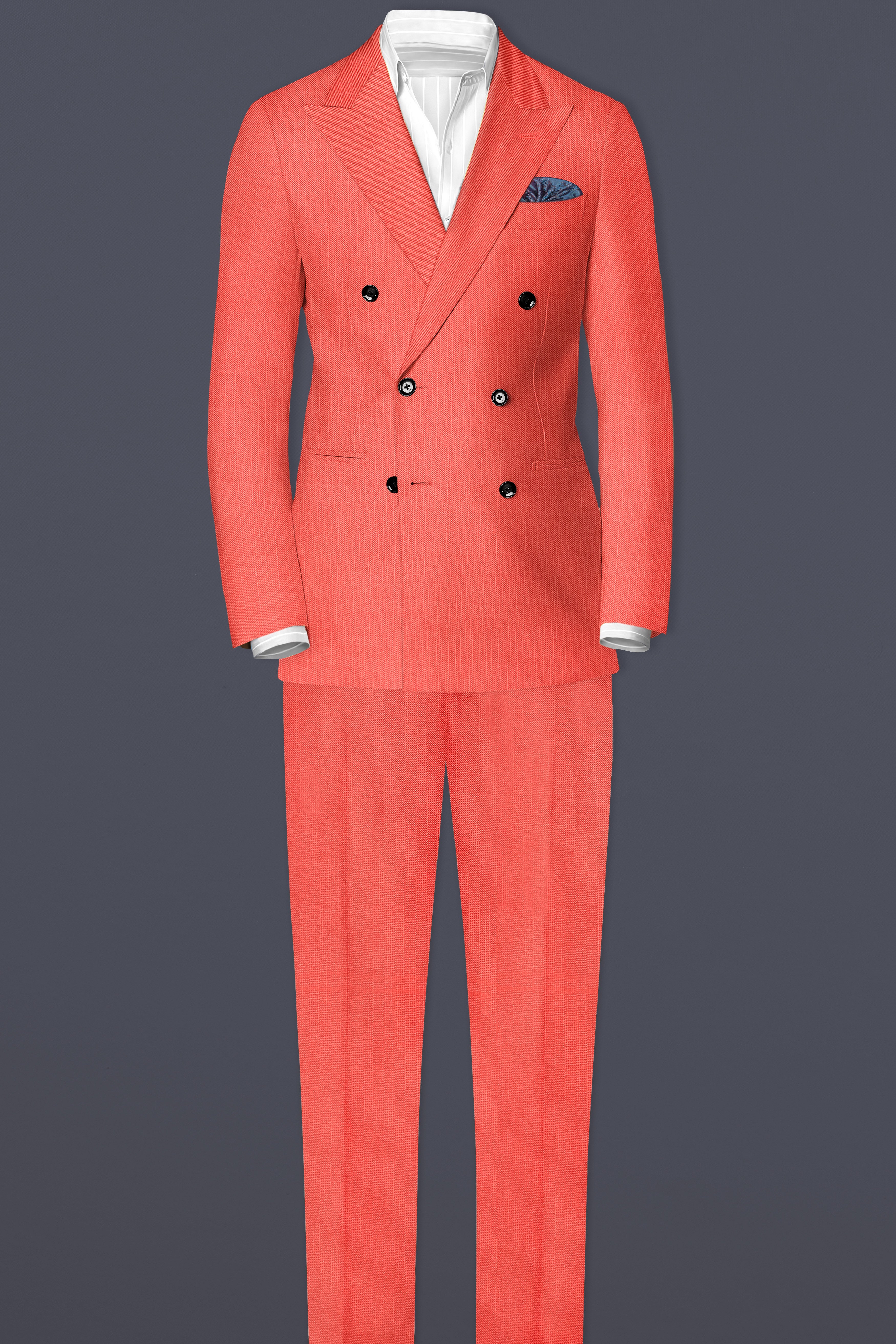 Aurora-Salmon Orange Solid Wool Rich Double Breasted Stretchable traveler Blazer