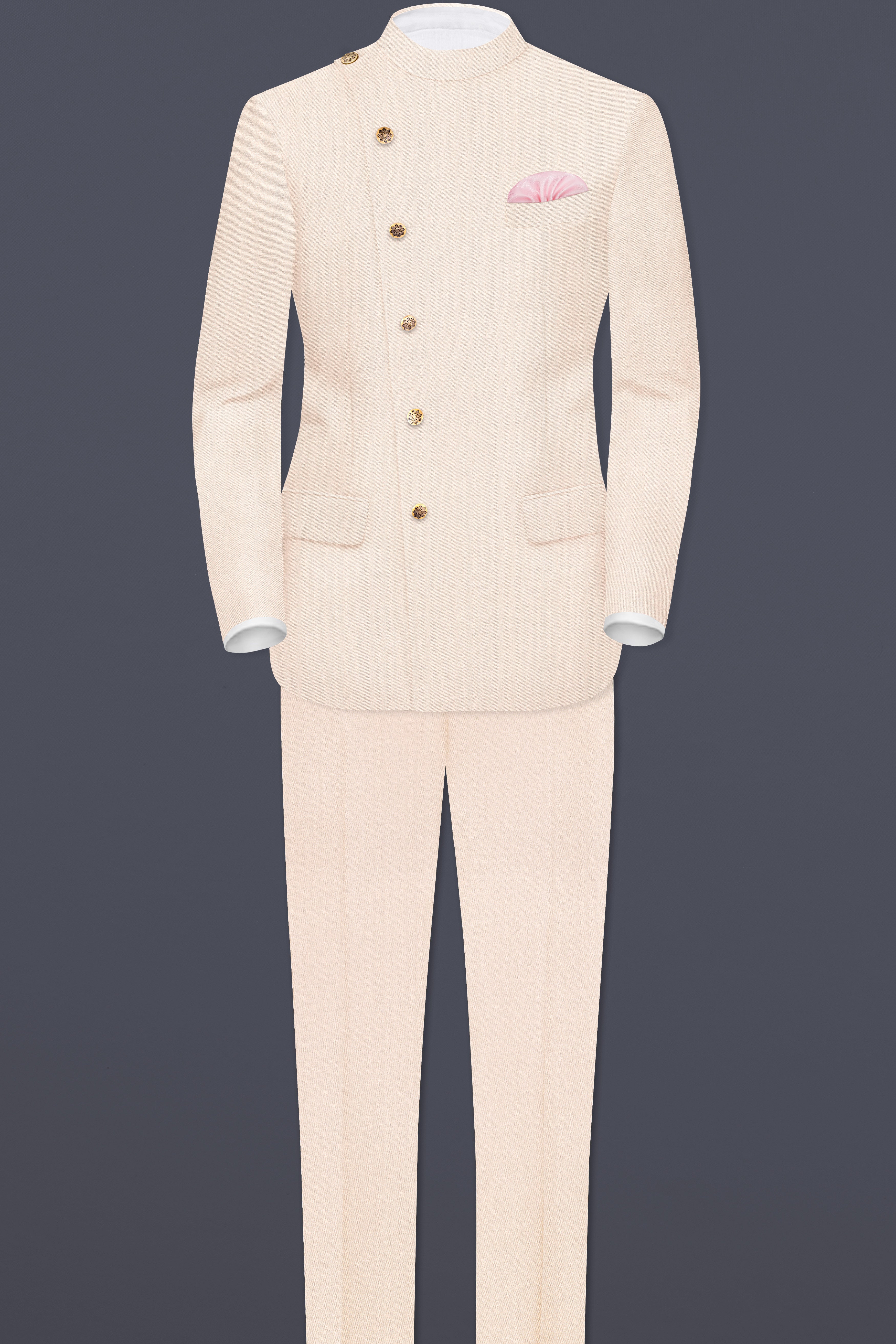 Spanish Cream Solid Wool Blend Cross Placket Bandhgala Blazer