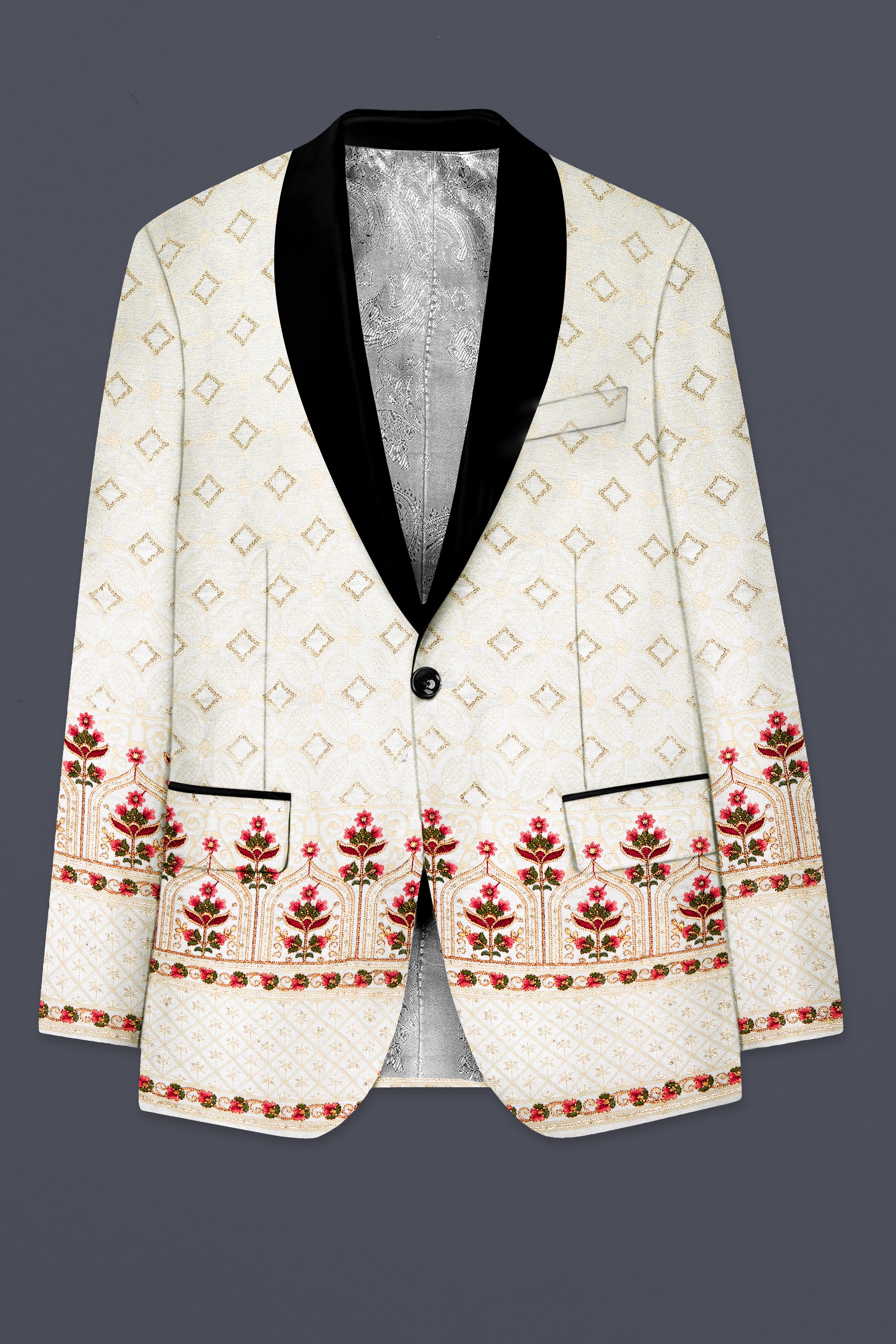 Off White And Sunset Pink Flower Multicolor Sequin and thread Embroidered Tuxedo Blazer