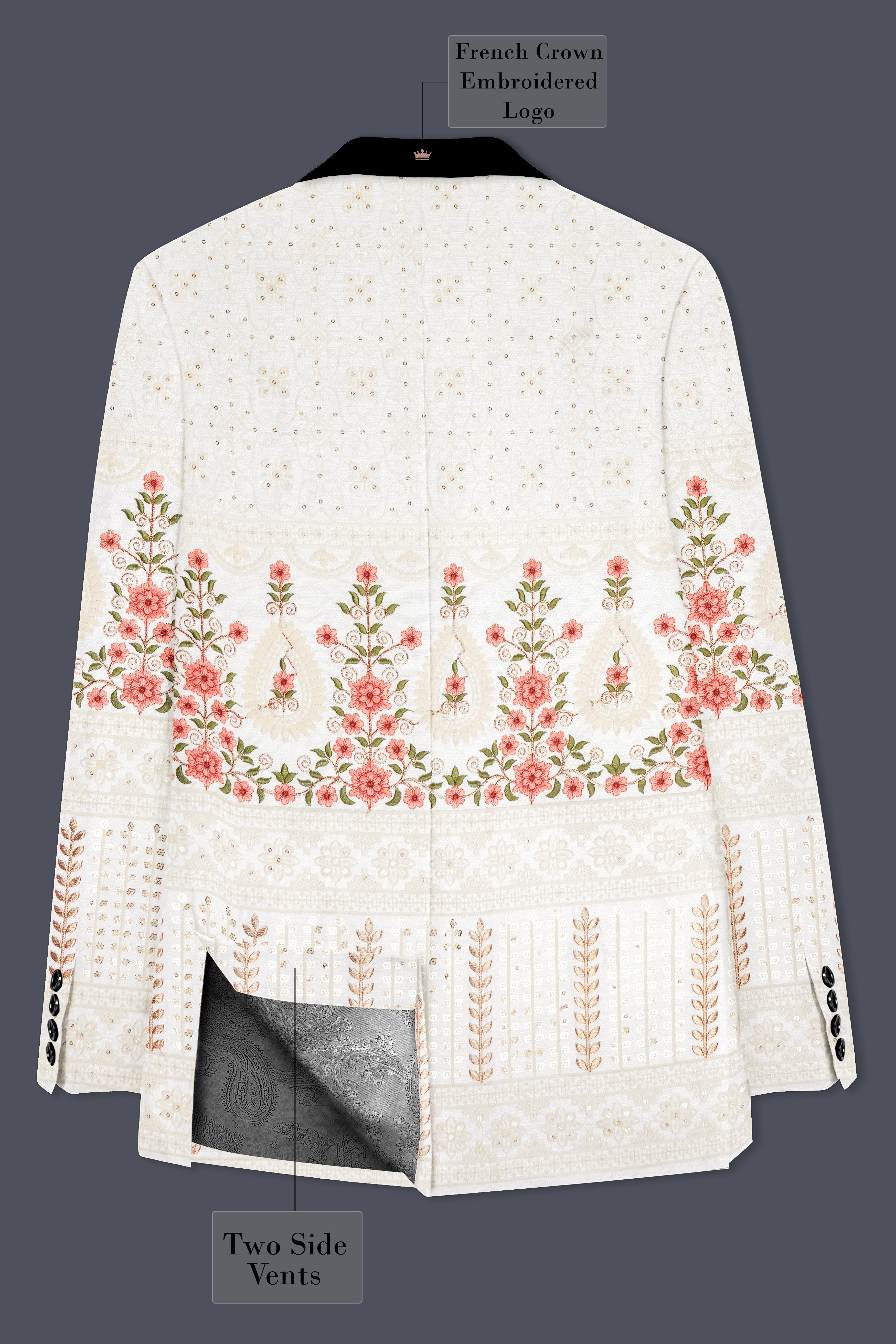Almond Off White And Salmon Pink Sequin and thread Embroidered Tuxedo Blazer