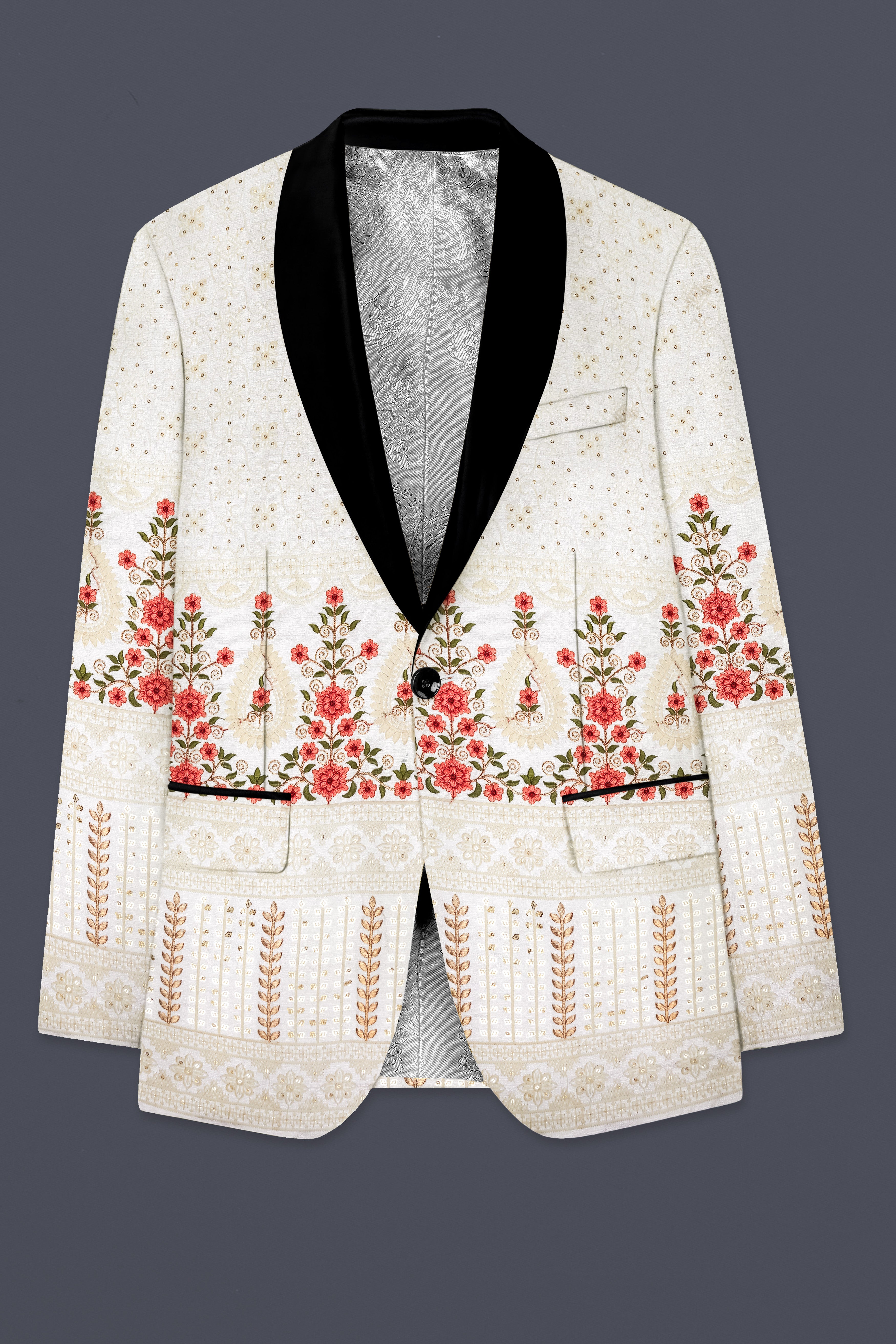 Almond Off White And Salmon Pink Sequin and thread Embroidered Tuxedo Blazer