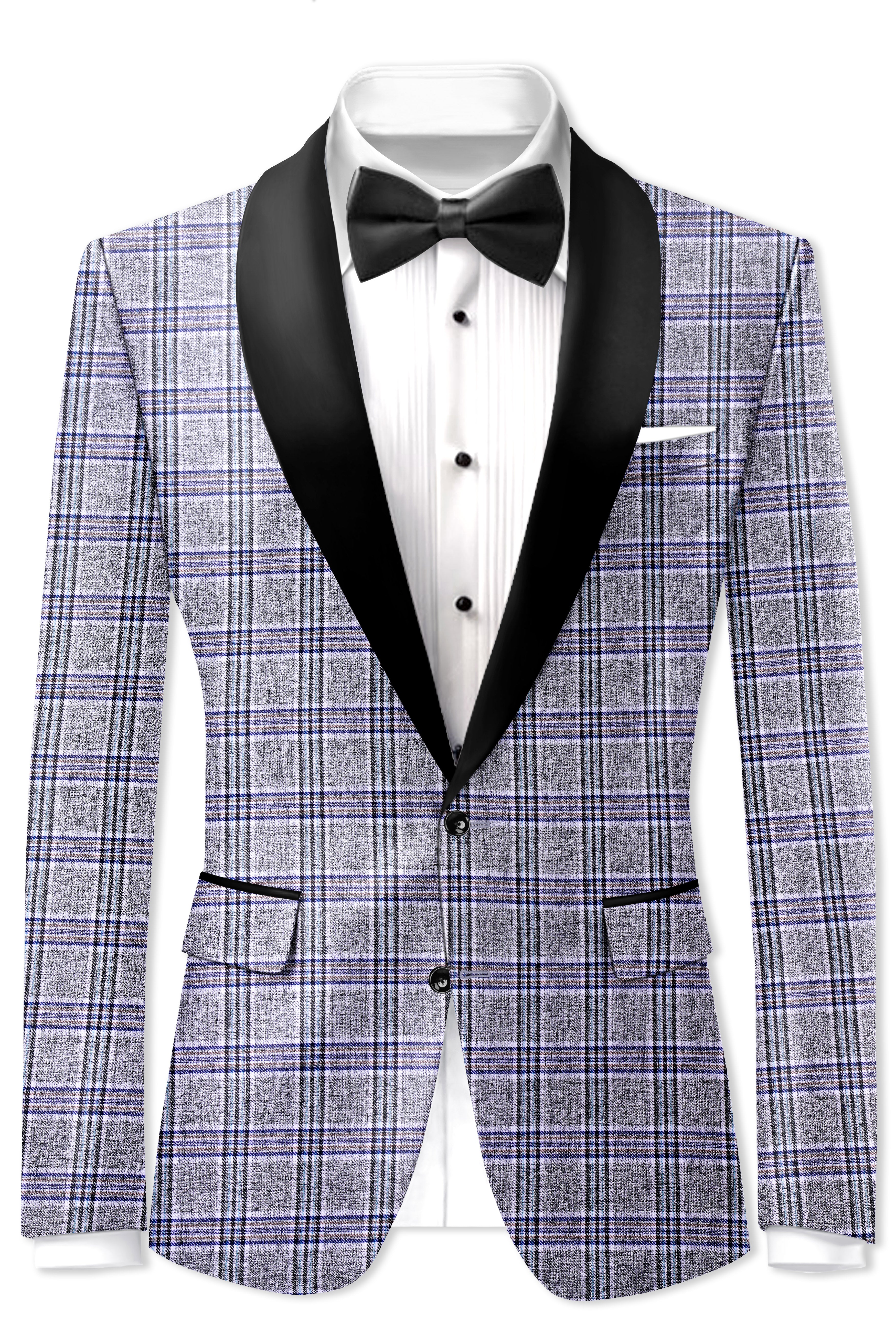 Pladiel-StarDust Gray with Martinique Blue Plaid Wool Rich Tuxedo Blazer