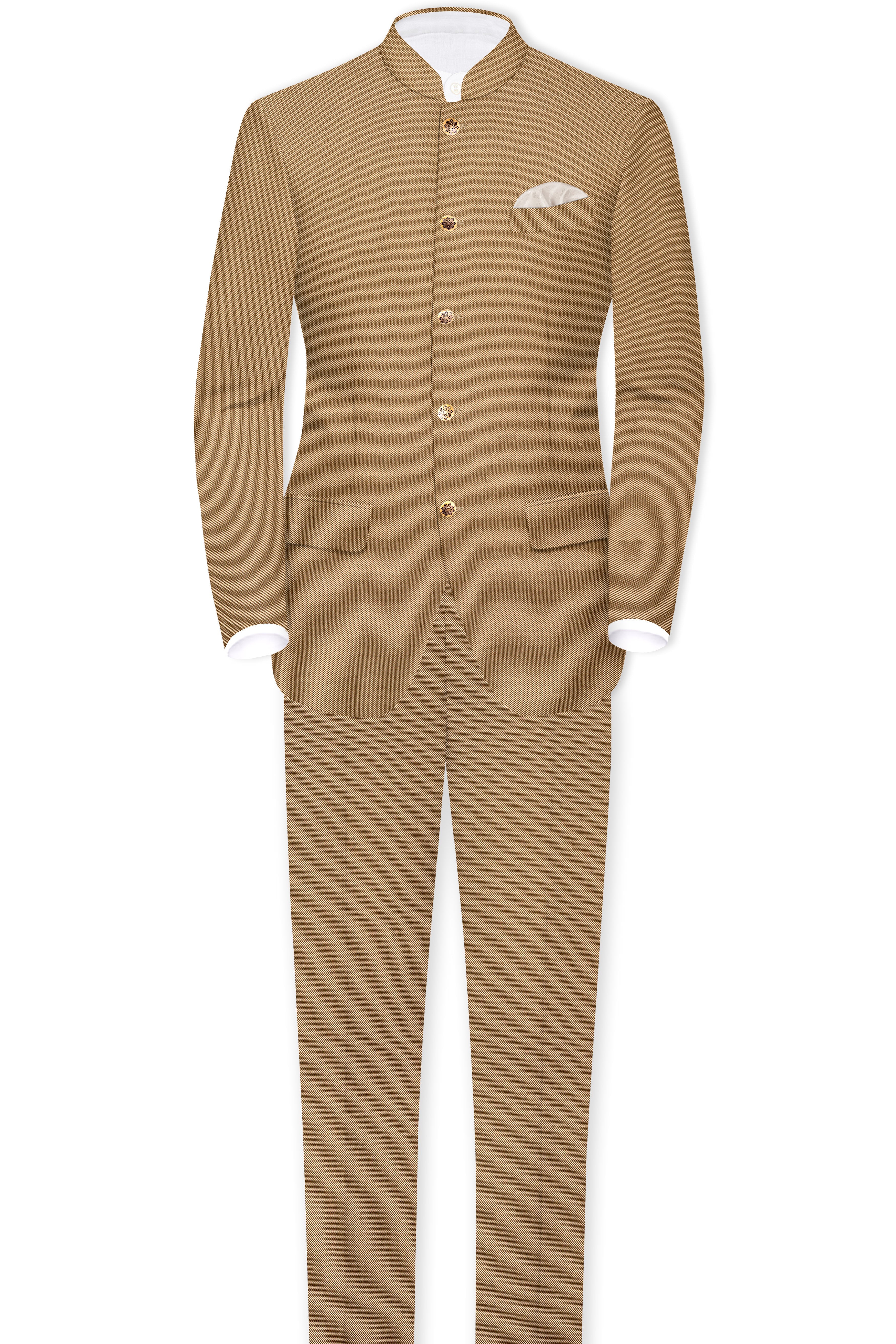 Aurenzo-Muesli Brown Textured Wool Rich Bandhgala Blazer