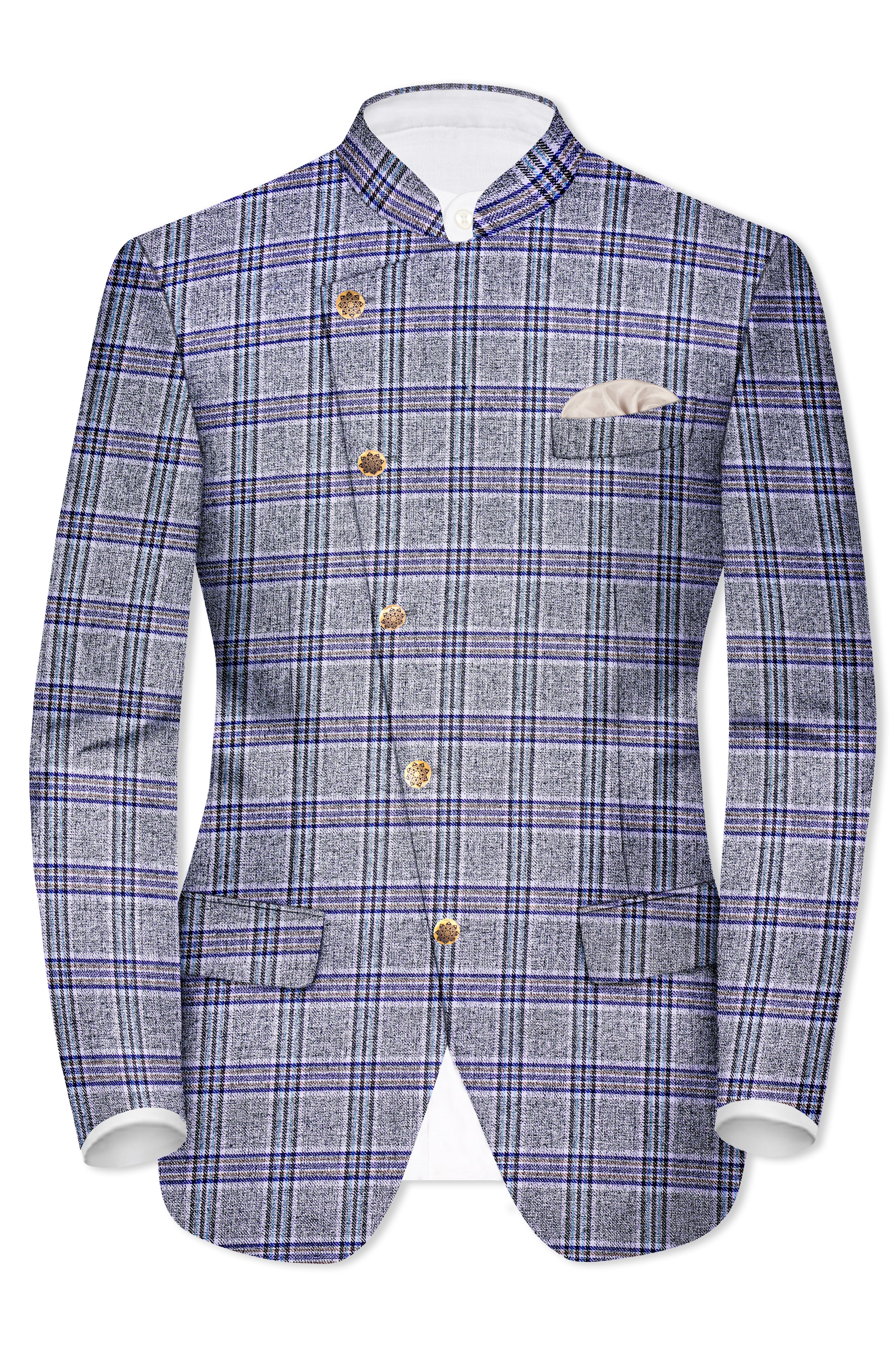 Pladiel-StarDust Gray with Martinique Blue Plaid Wool Rich Cross Placket Bandhgala Blazer