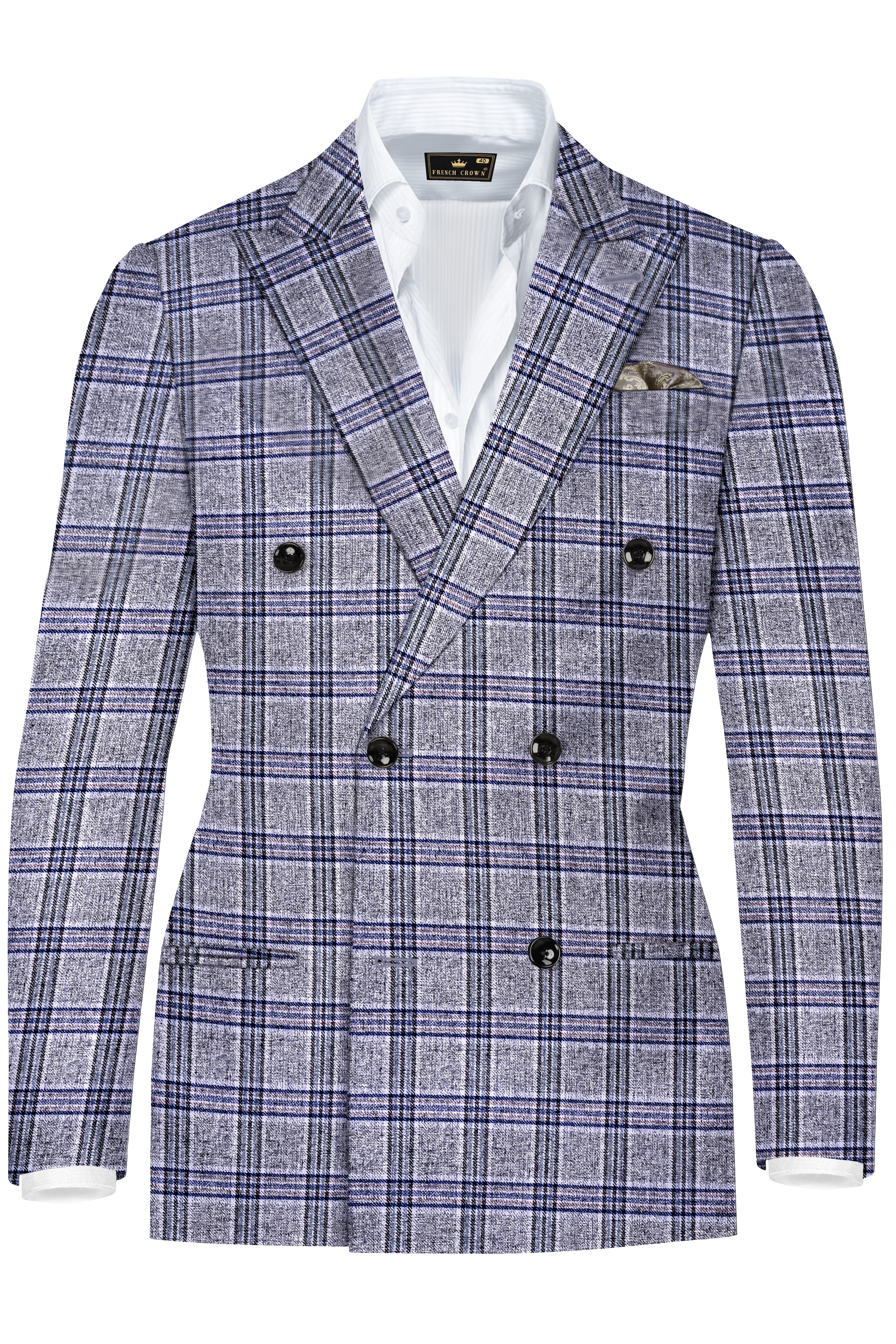 Pladiel-StarDust Gray with Martinique Blue Plaid Wool Rich Double Breasted Blazer
