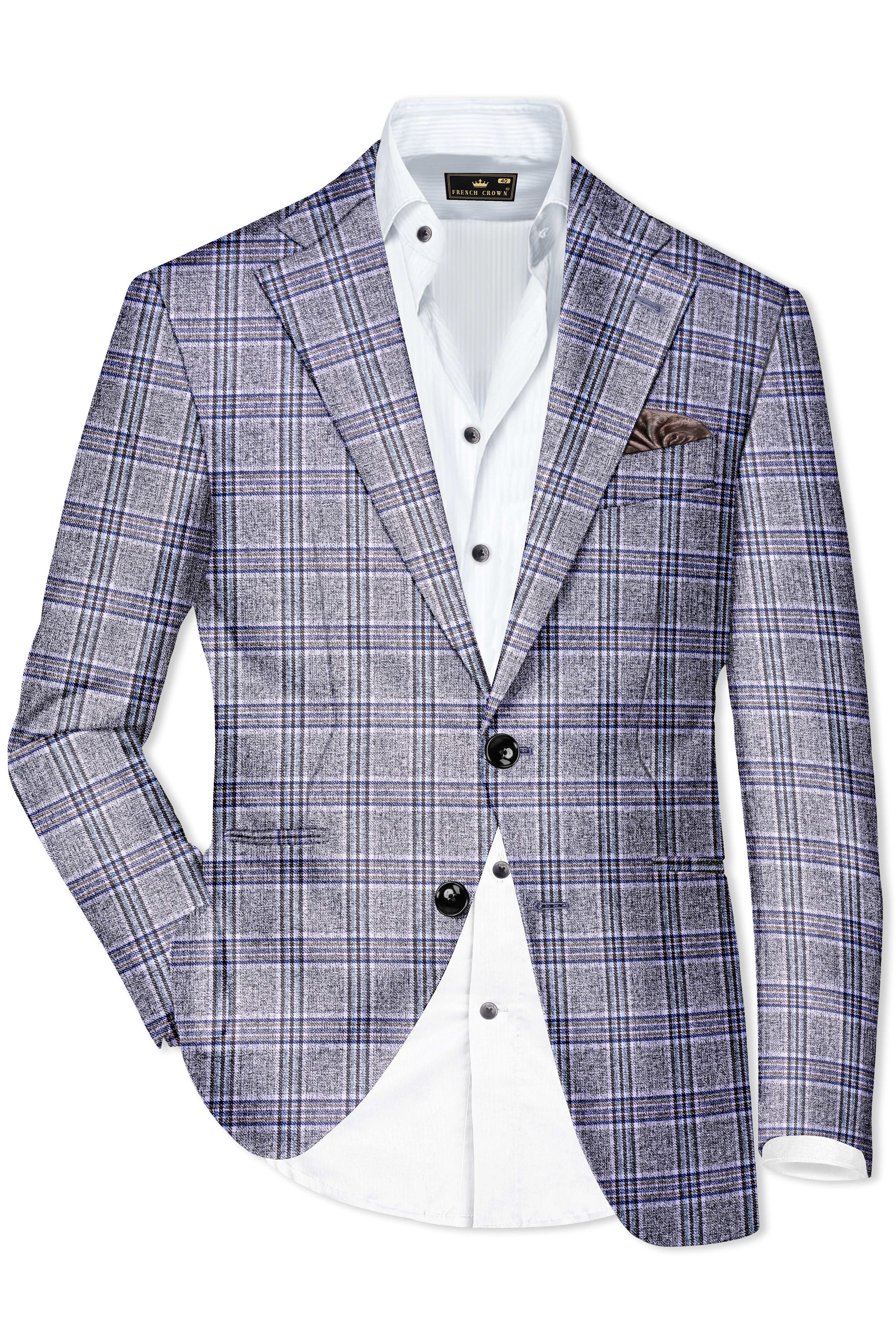 Pladiel-StarDust Gray with Martinique Blue Plaid Wool Rich Single Breasted Blazer