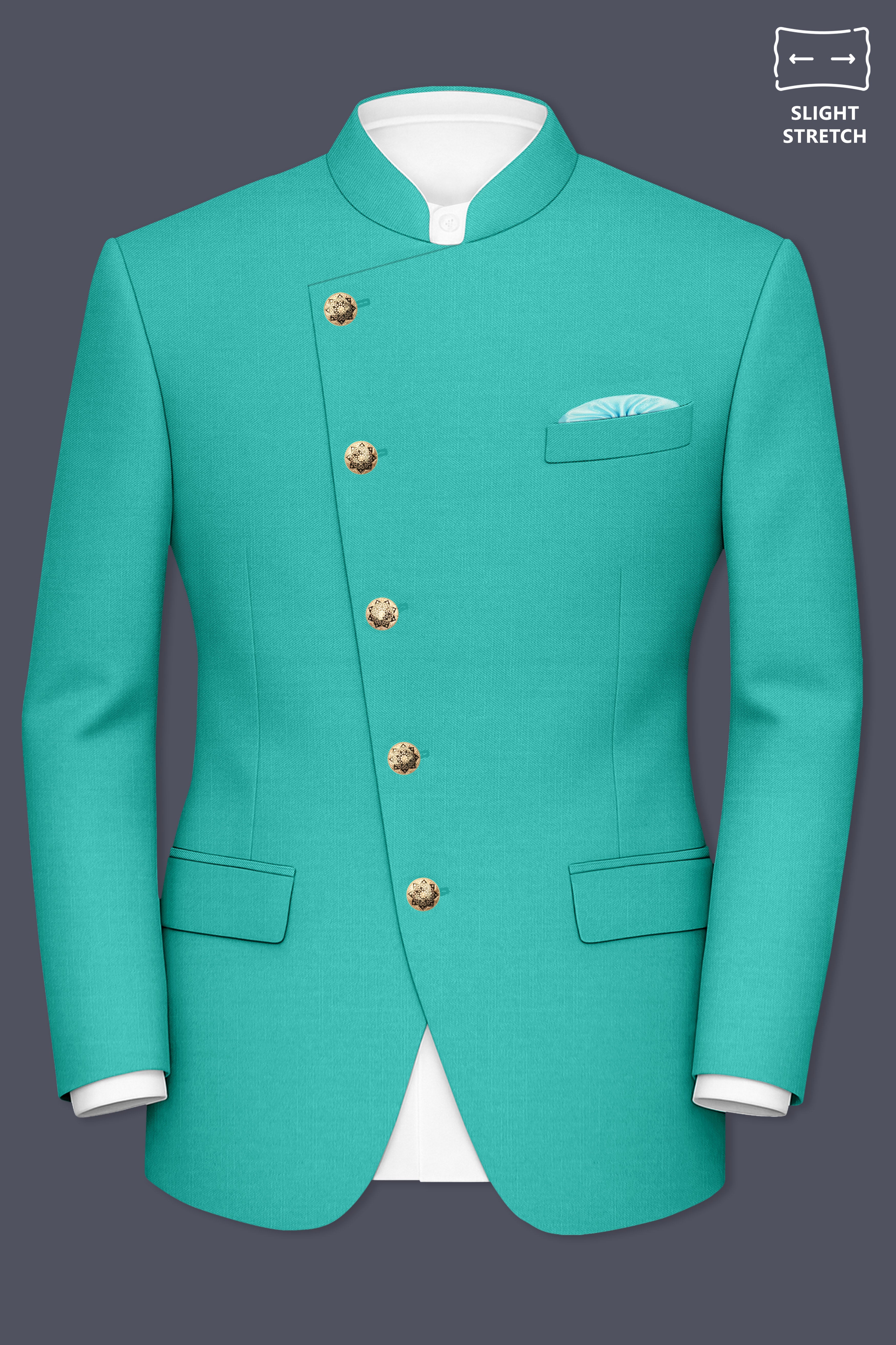 Aegir-Viking Blue Wool Rich Cross Placket Bandhgala Slight Stretch Blazer