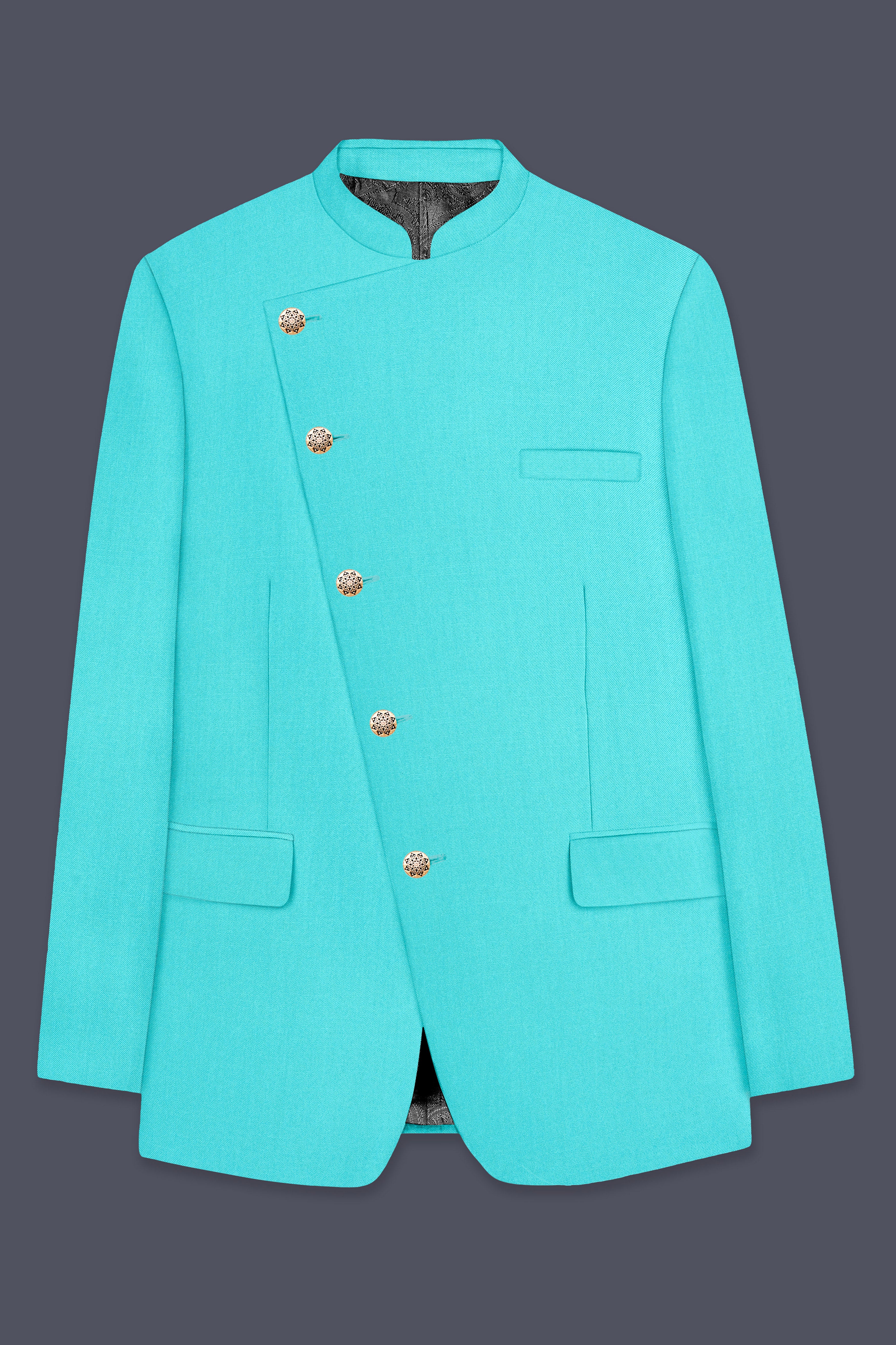 Aegir-Viking Blue Wool Rich Cross Placket Bandhgala Stretchable Traveler Blazer