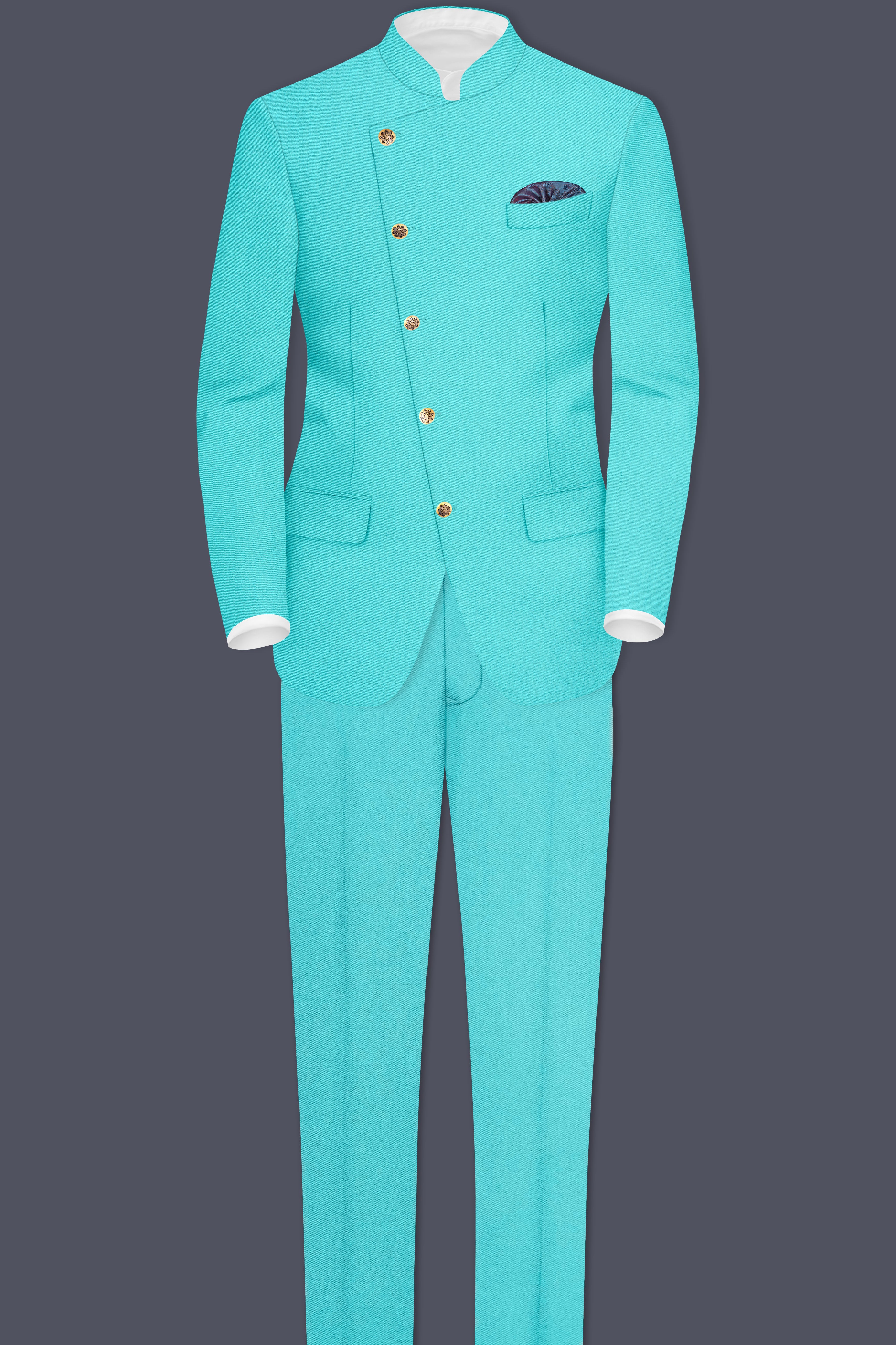Aegir-Viking Blue Wool Rich Cross Placket Bandhgala Stretchable Traveler Blazer