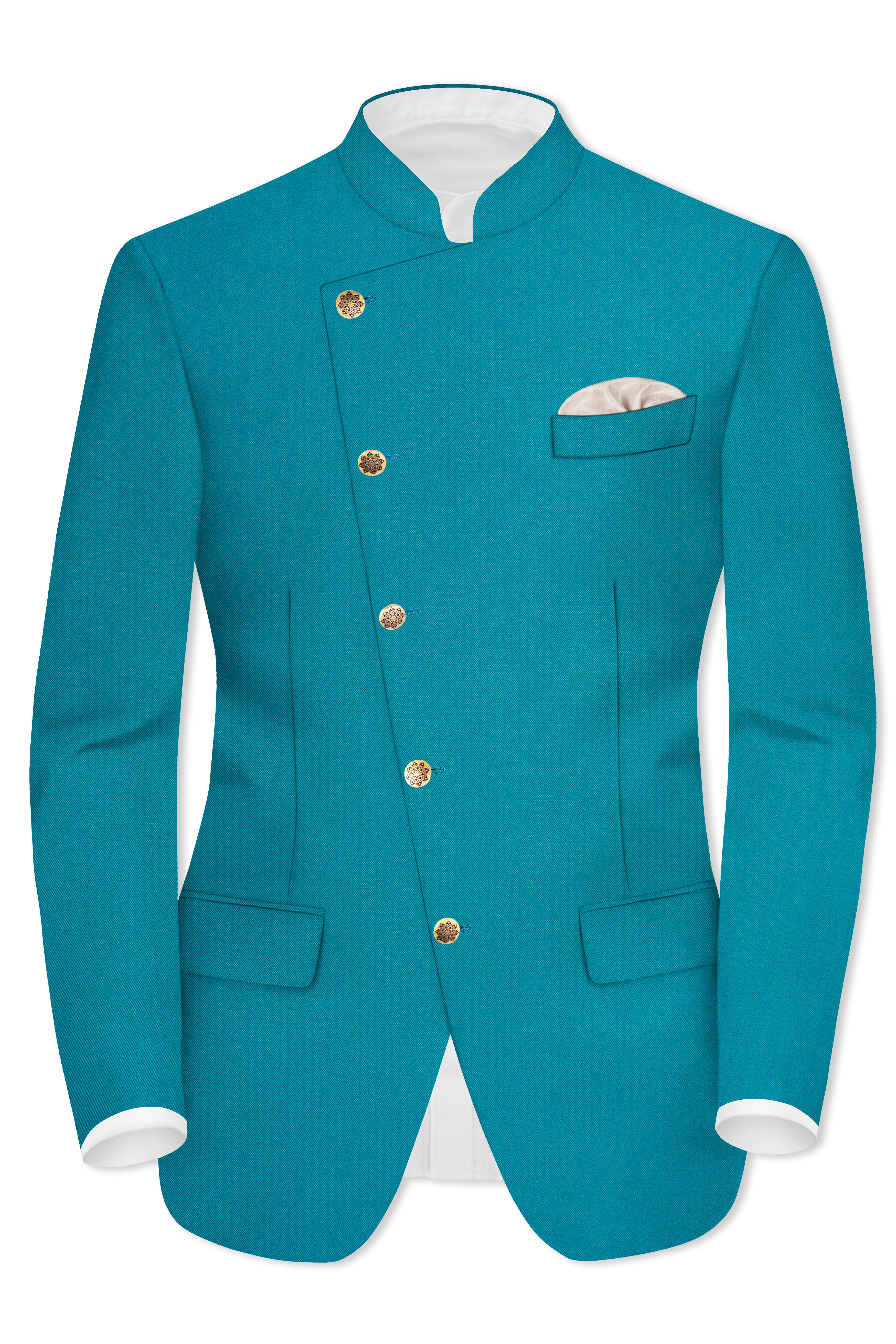 Zephir-Surfie Green Wool Rich Cross Placket Bandhgala Stretchable Traveler Blazer