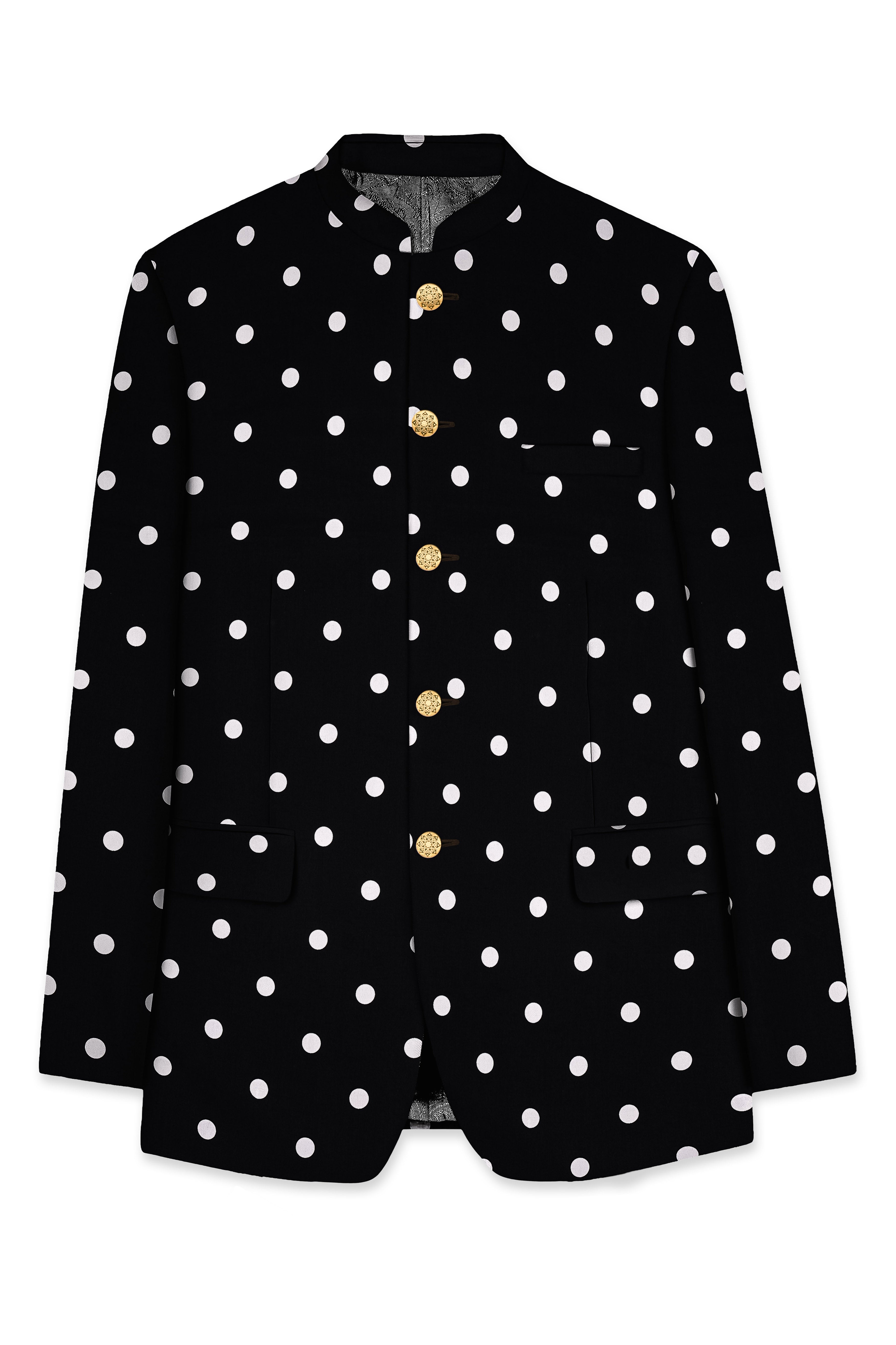 Noirdot-Jade Black Polka Dotted Premium Cotton Bandhgala Blazer