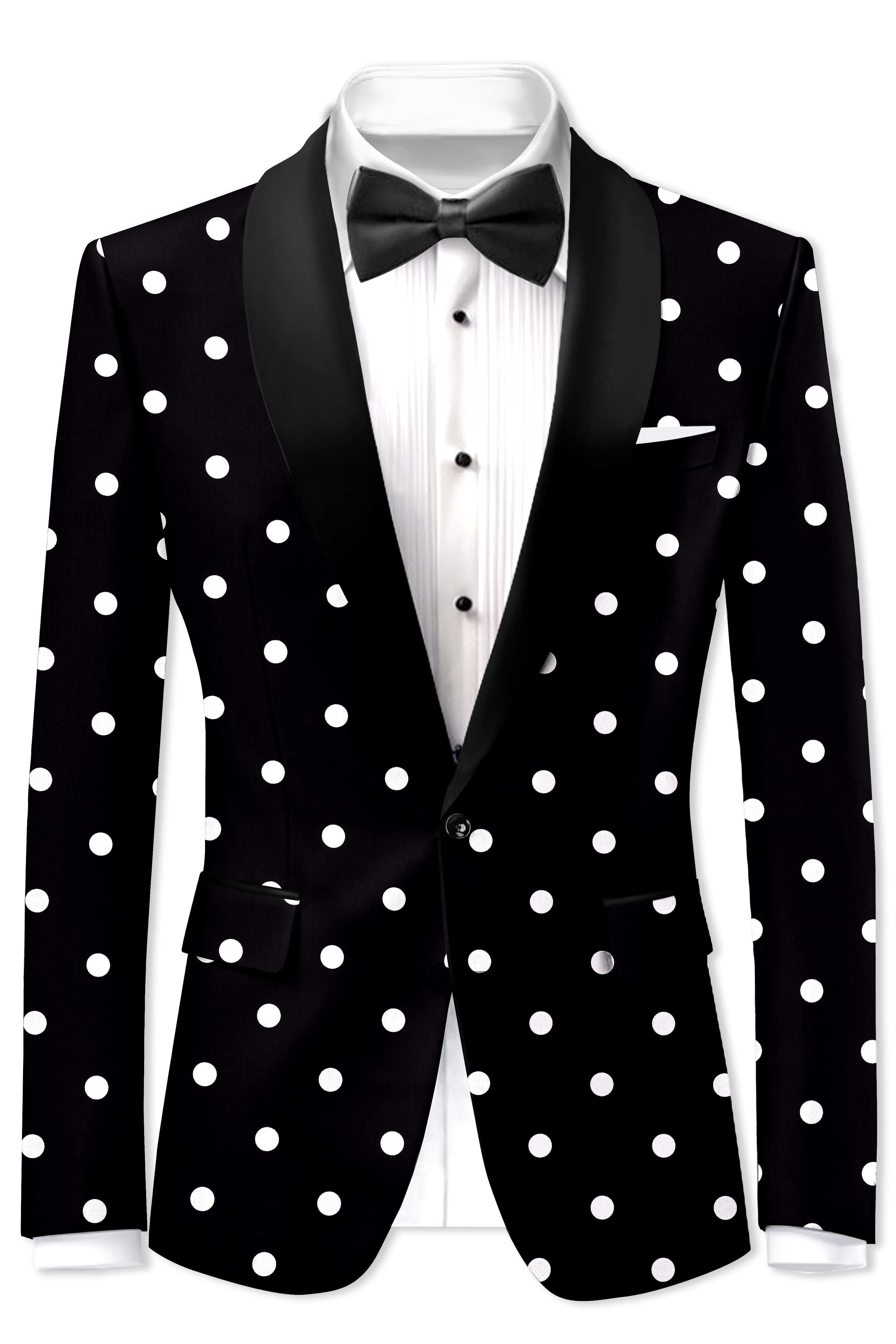 Noirdot-Jade Black Polka Dots Printed Premium Cotton Tuxedo Blazer