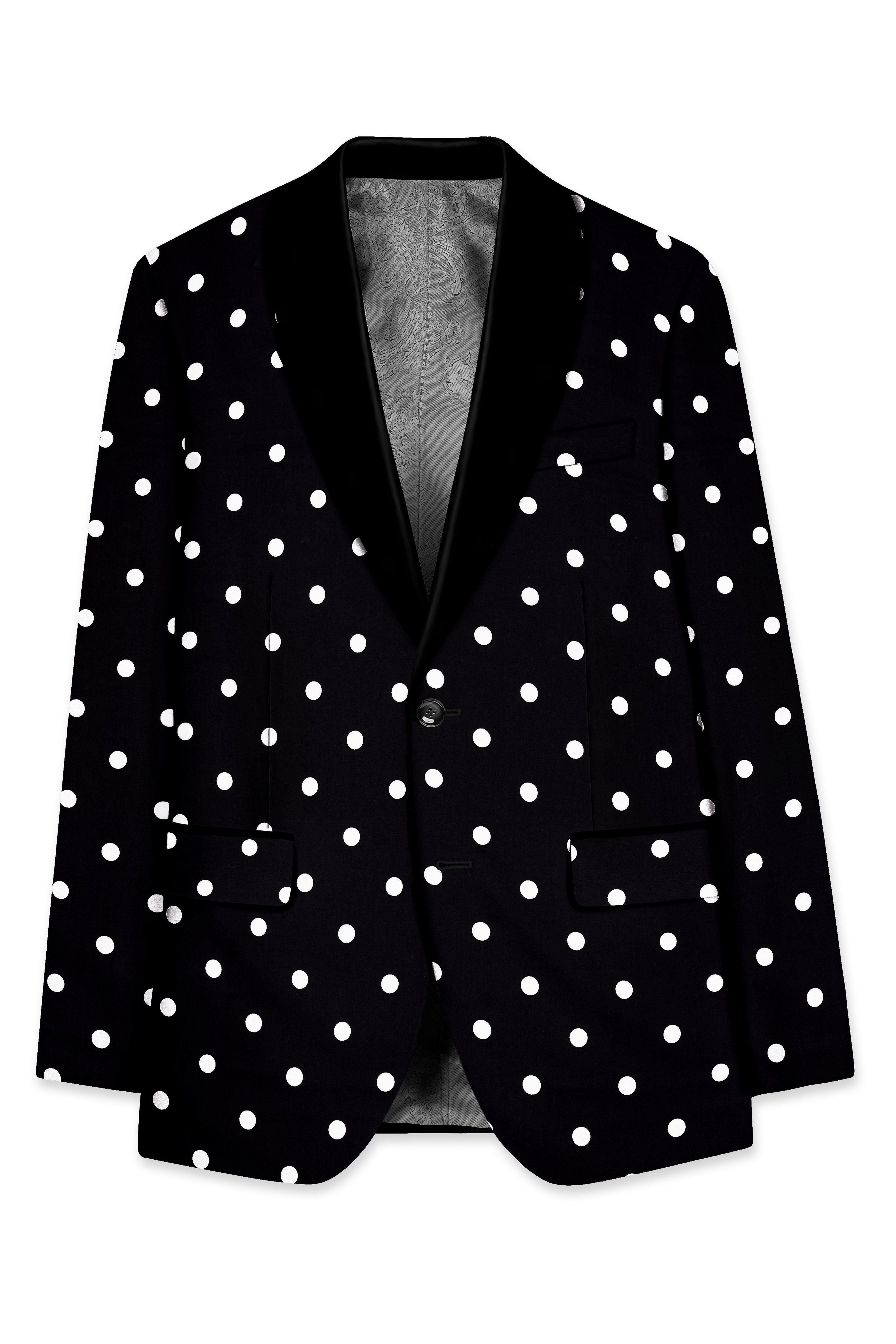 Noirdot-Jade Black Polka Dots Printed Premium Cotton Tuxedo Blazer