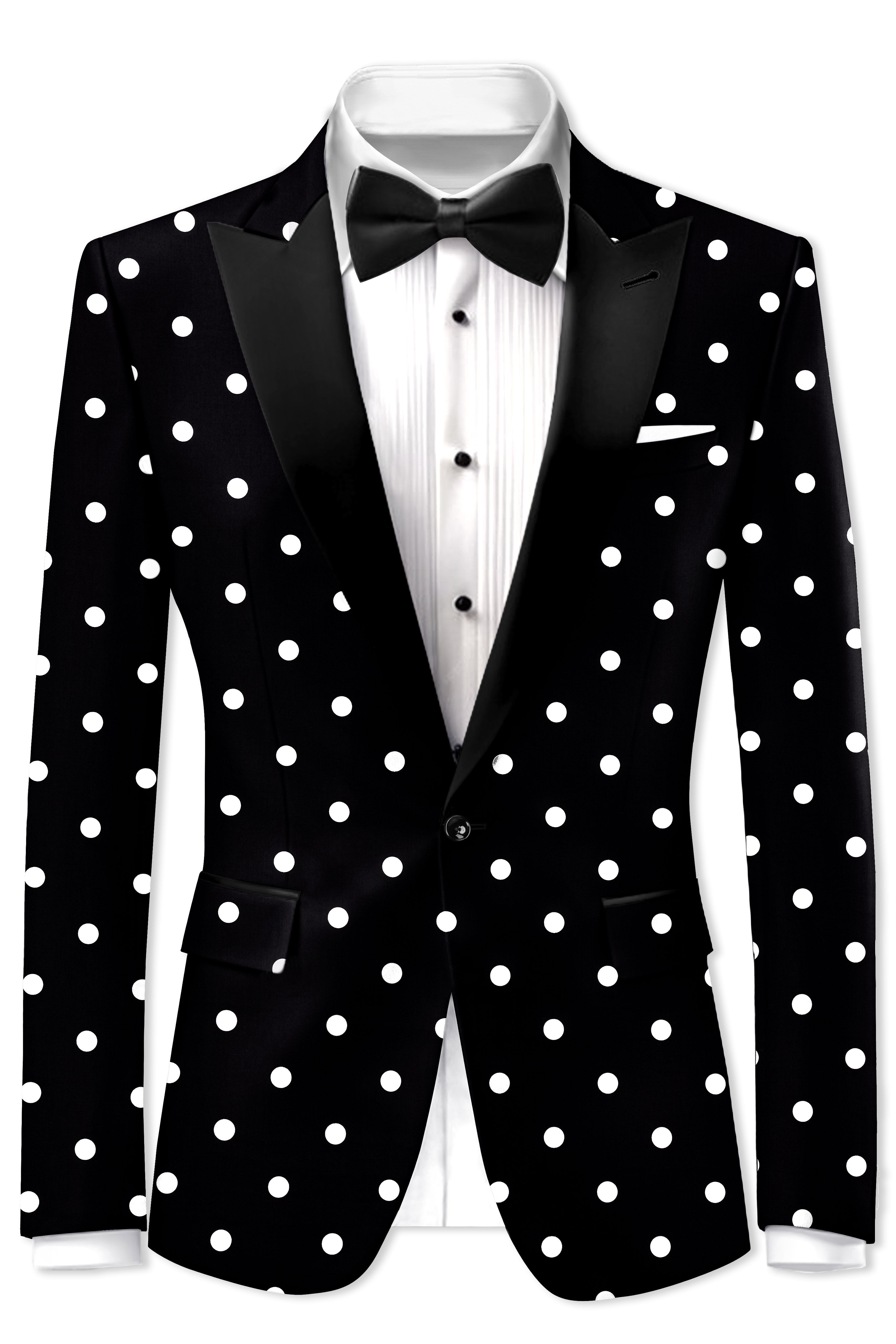 Noirdot-Jade Black Polka Dots Printed Premium Cotton Peak Lapel Tuxedo Blazer