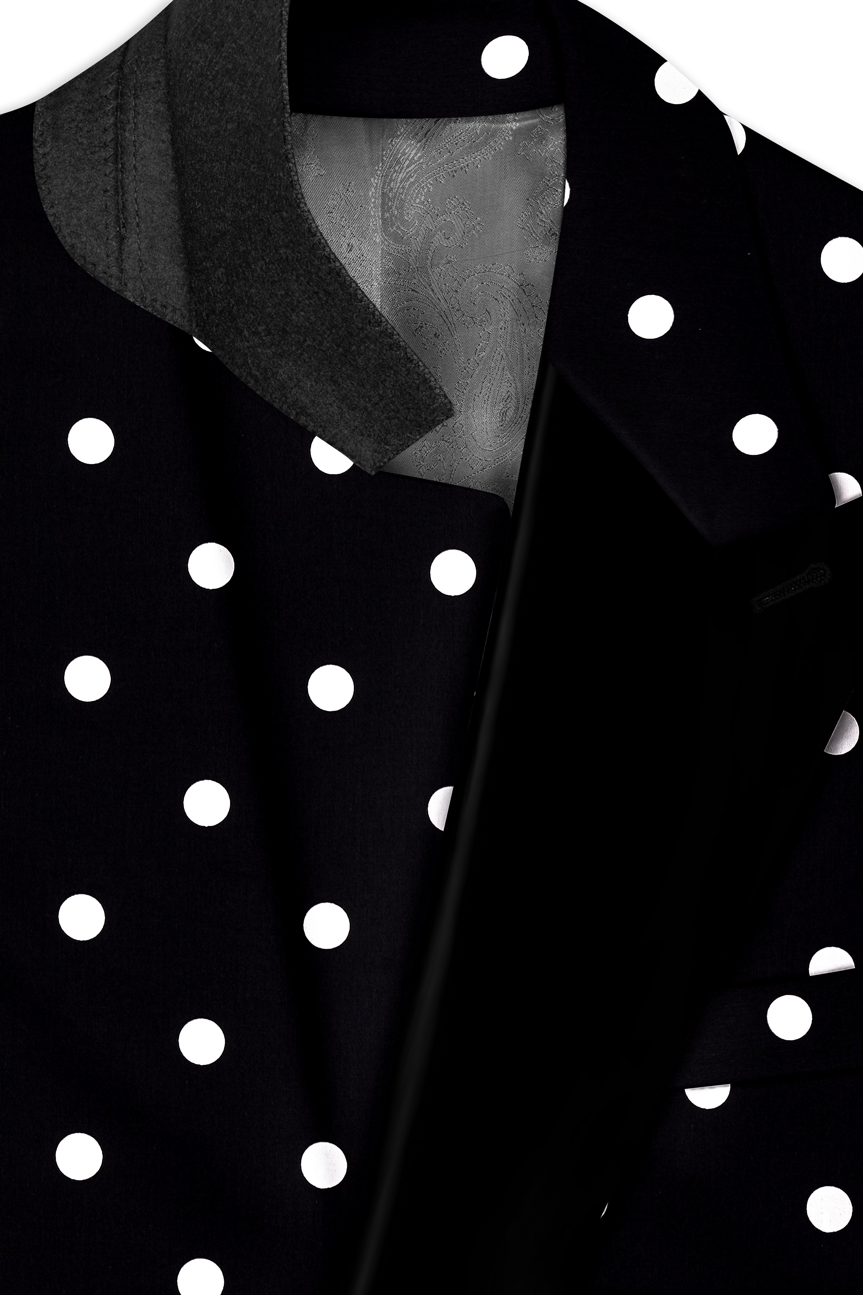 Noirdot-Jade Black Polka Dotted Printed Premium Cotton Peak Lapel Tuxedo Blazer