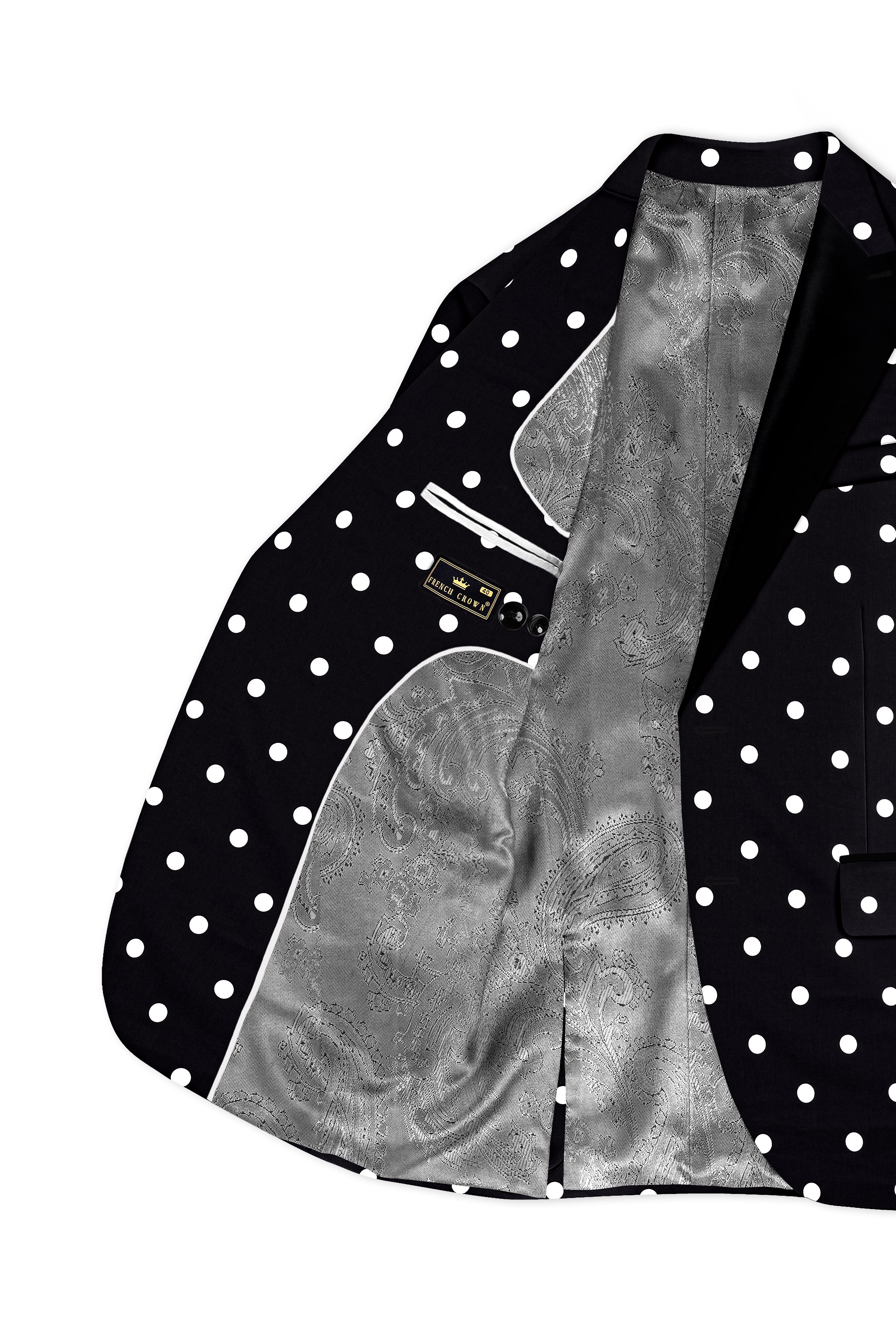 Noirdot-Jade Black Polka Dotted Printed Premium Cotton Peak Lapel Tuxedo Blazer