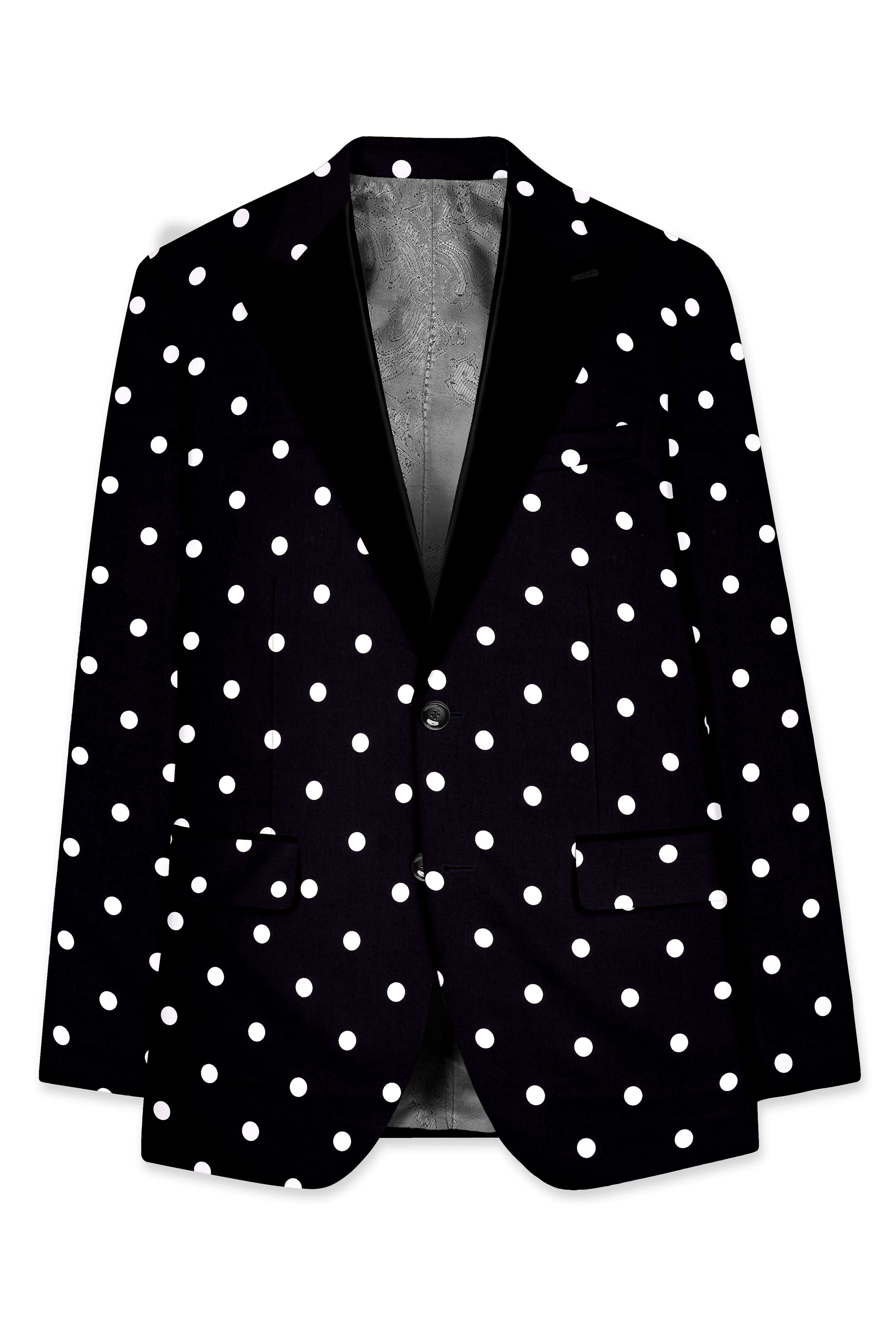 Noirdot-Jade Black Polka Dotted Printed Premium Cotton Peak Lapel Tuxedo Blazer