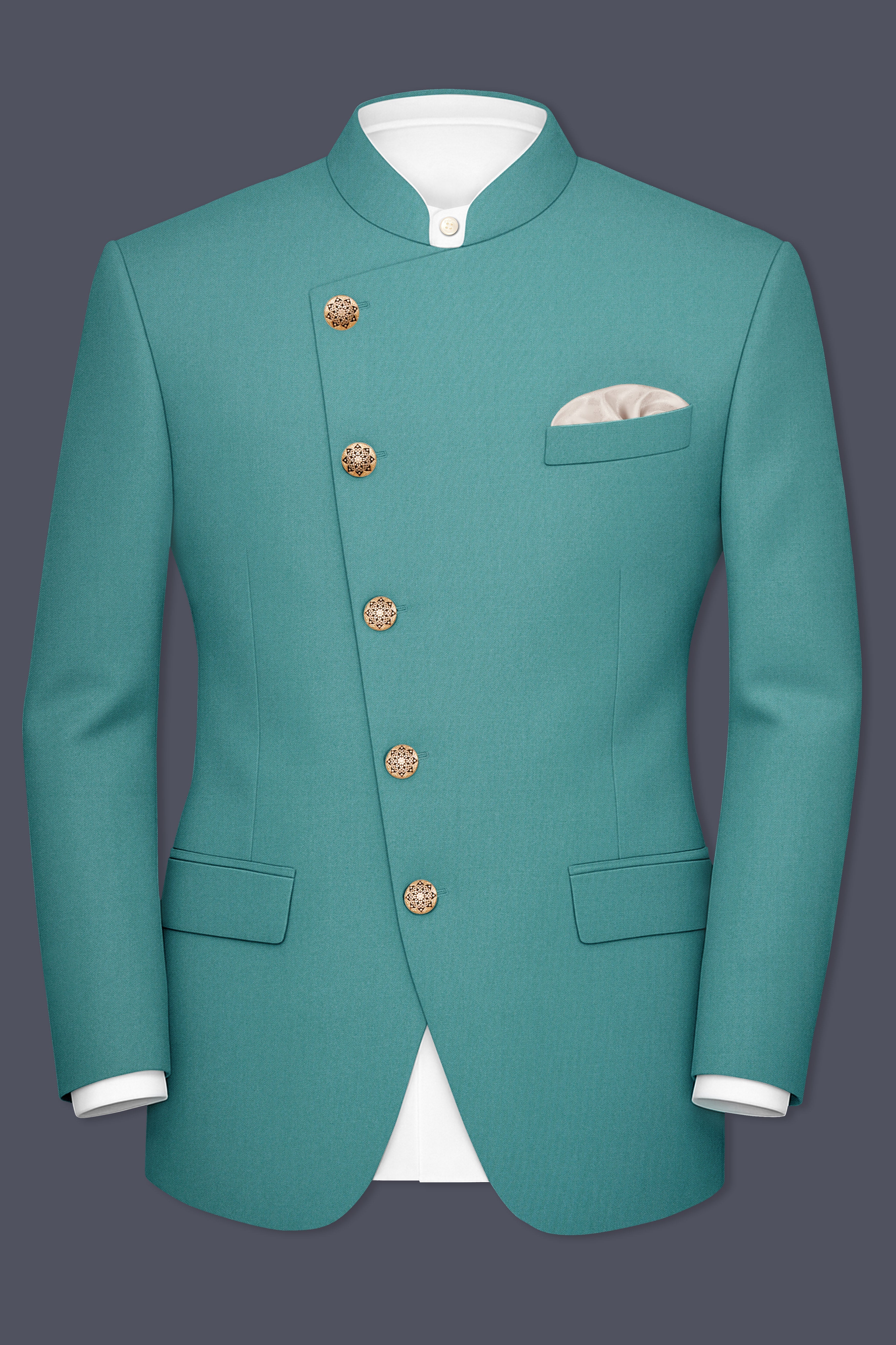 Travirid-Gothic Green Wool Rich Cross Placket Bandhgala Stretchable Traveler Blazer