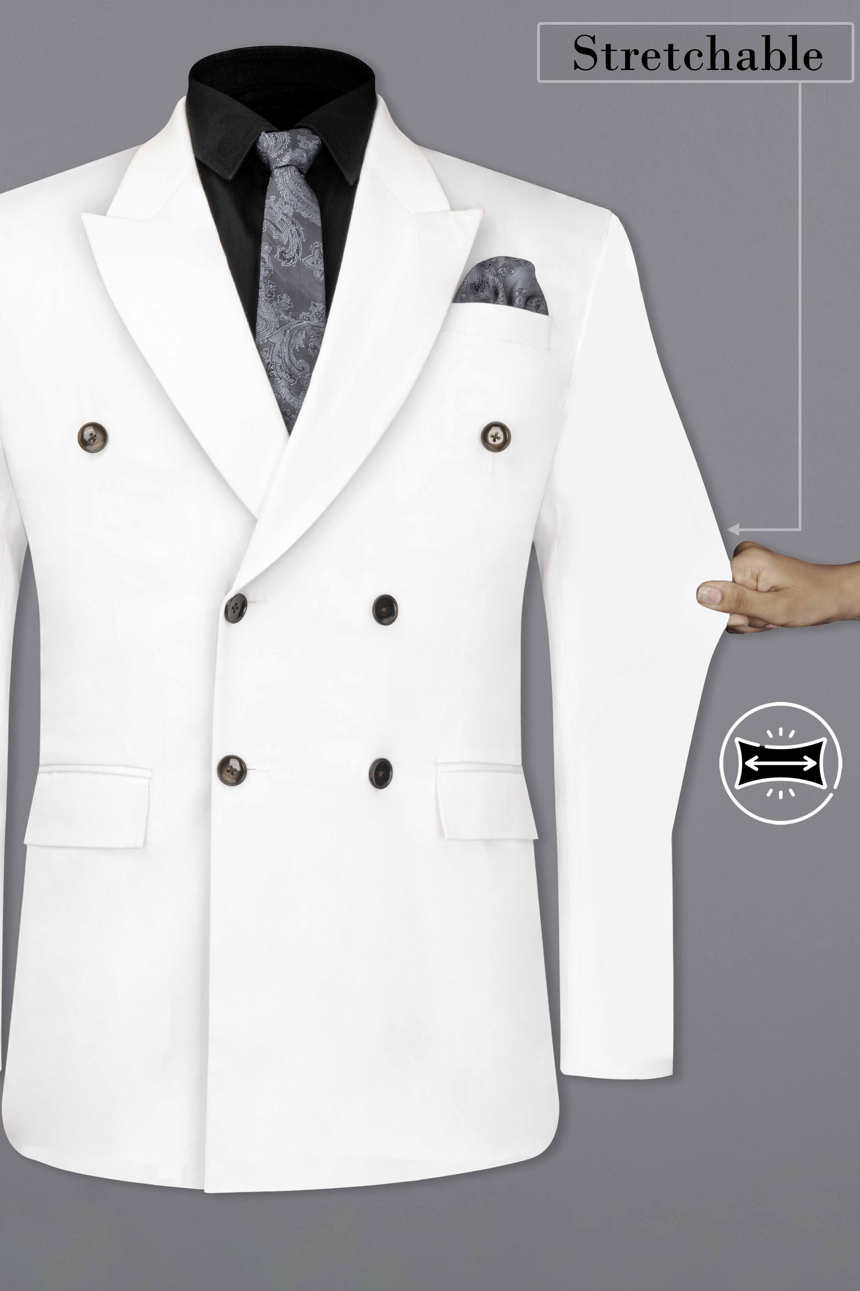 Bright White Solid Stretchable Premium Cotton Double Breasted traveler Blazer
