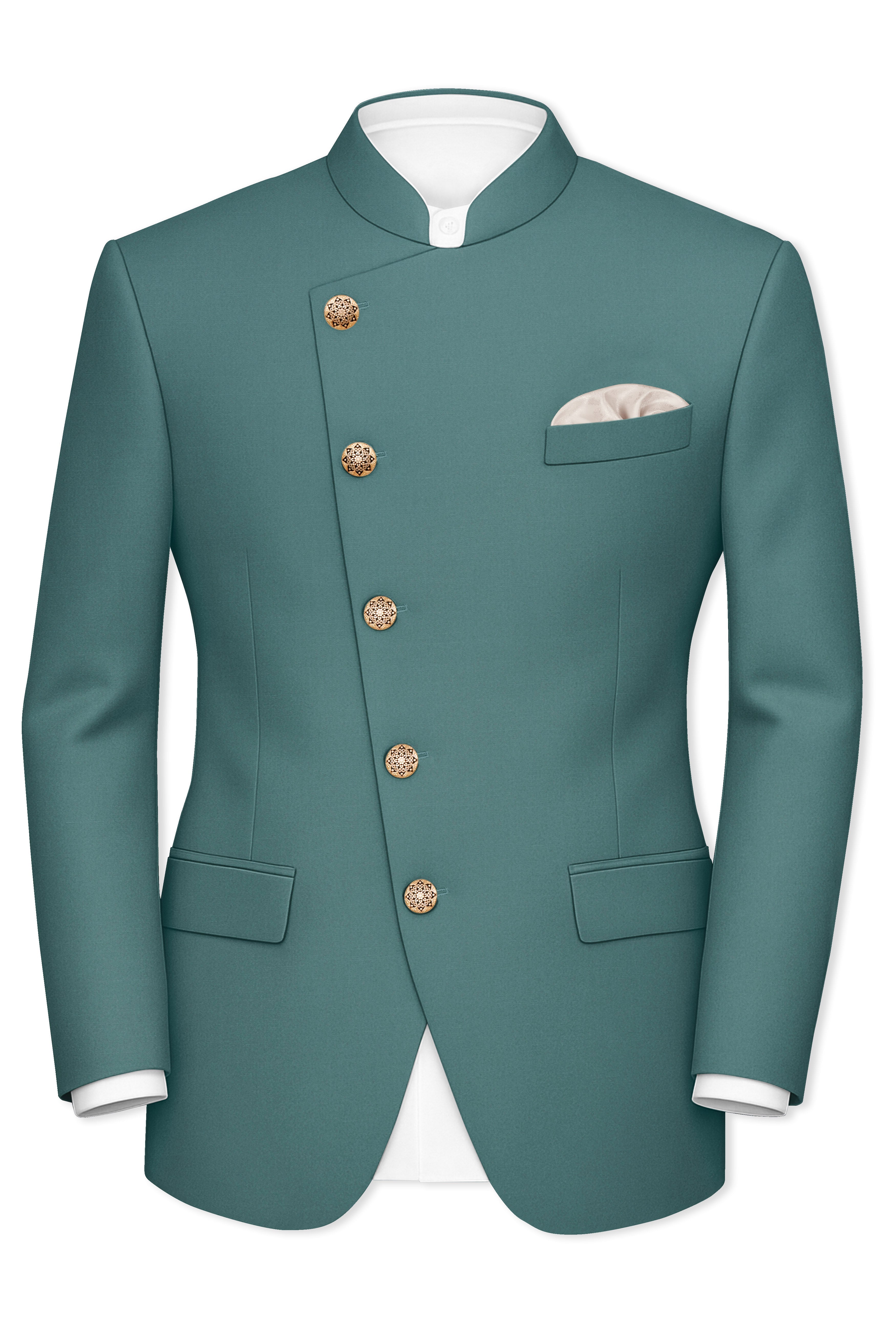 Travliam-William Green Wool Rich Cross Placket Bandhgala Stretchable Traveler Blazer