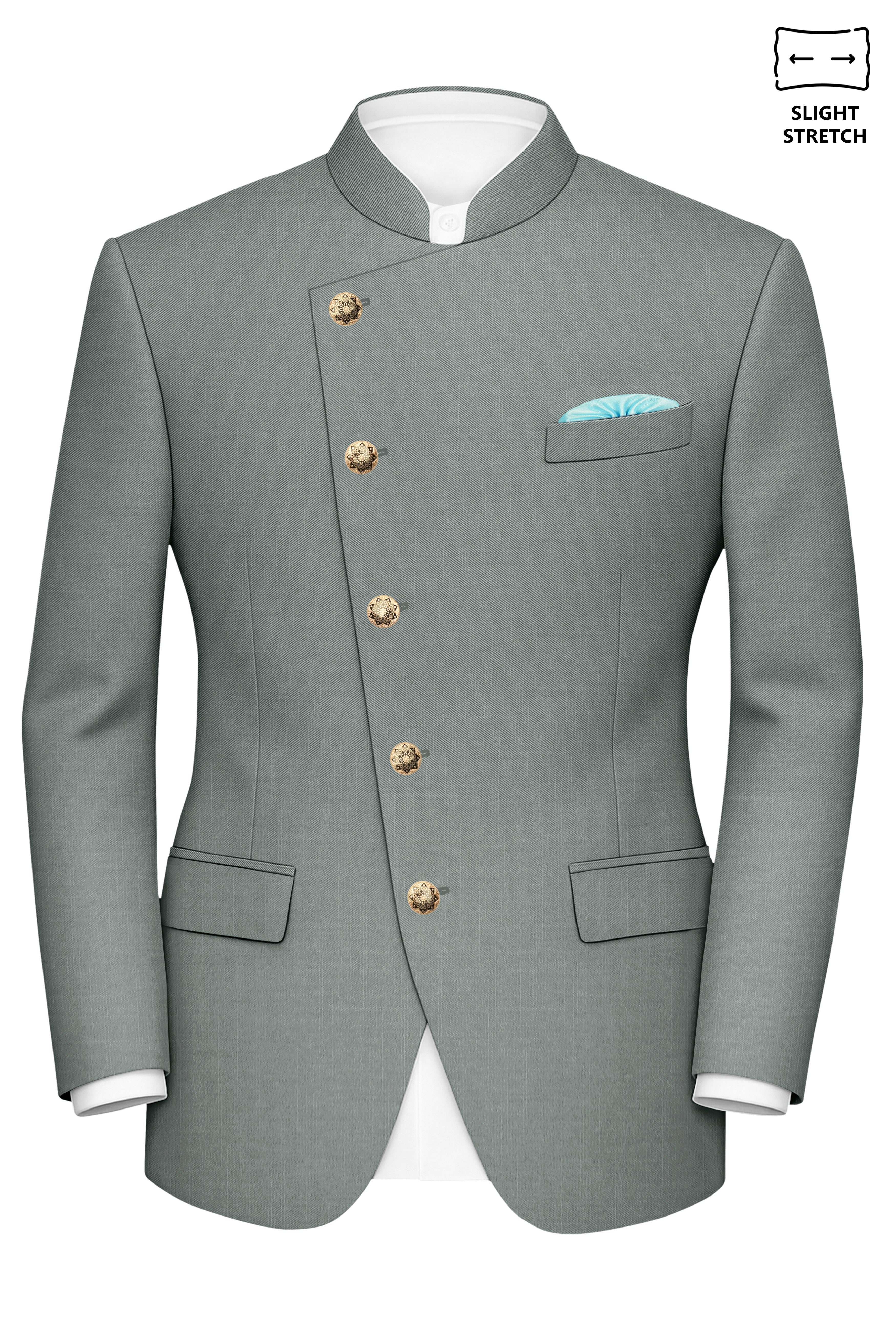 Travliam-William Green Wool Rich Cross Placket Bandhgala Slight Stretch Blazer