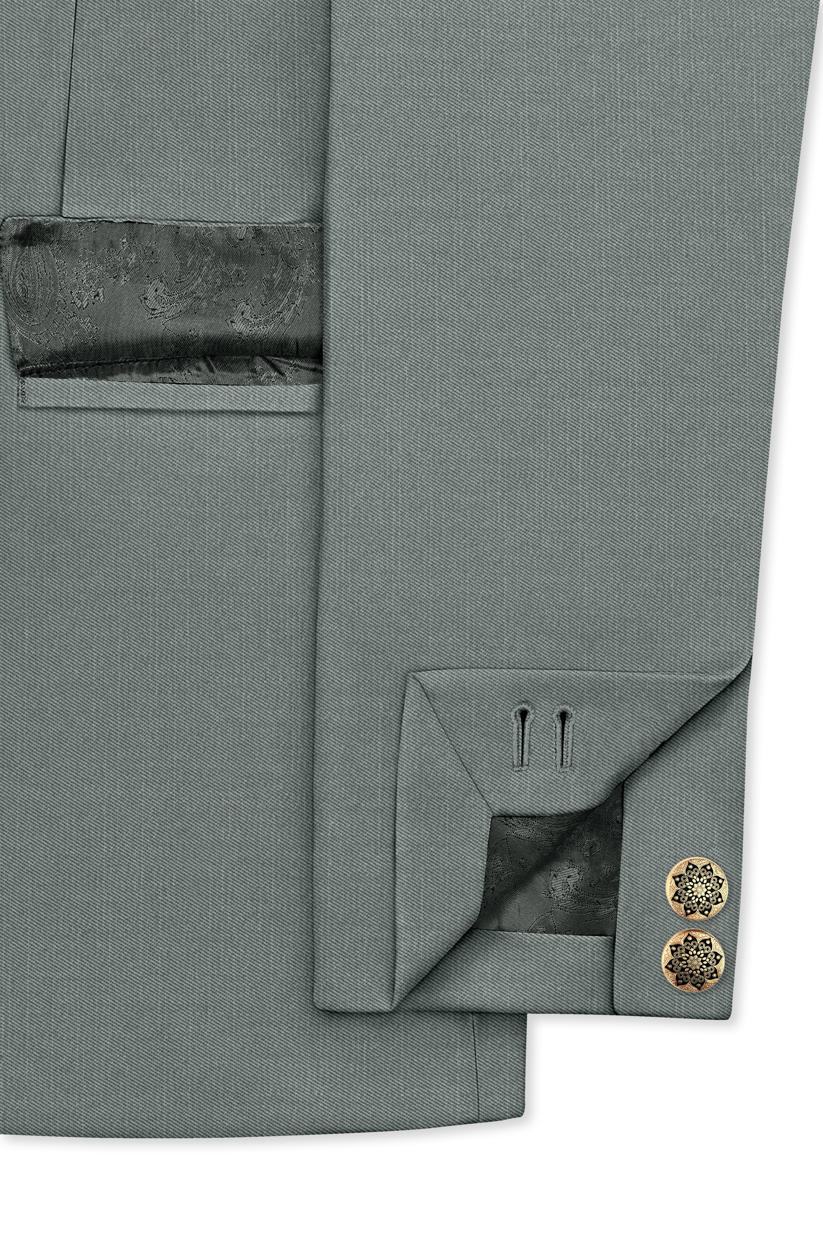 Travliam-William Green Wool Rich Cross Placket Bandhgala Slight Stretch Blazer
