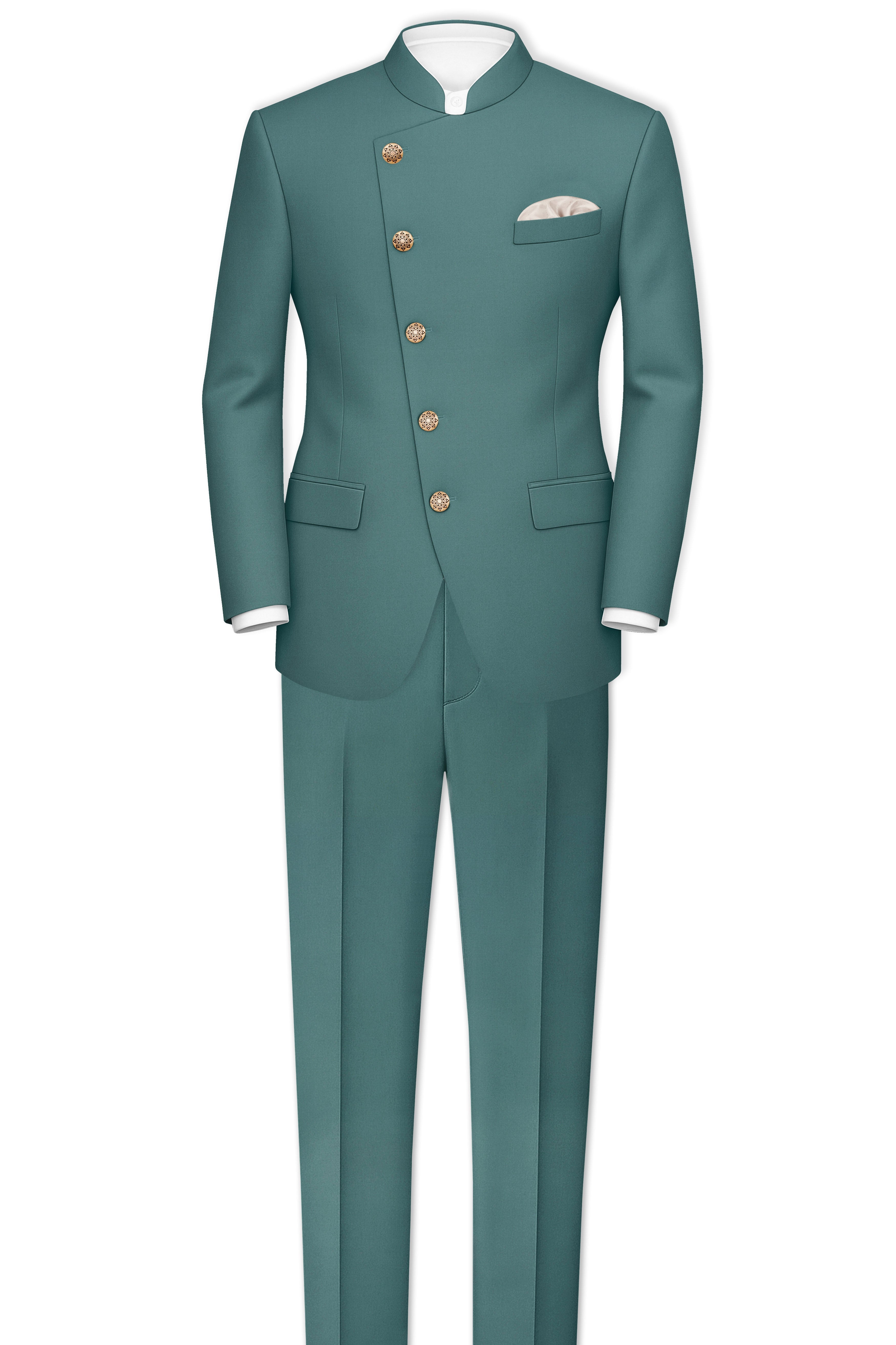 Travliam-William Green Wool Rich Cross Placket Bandhgala Stretchable Traveler Blazer