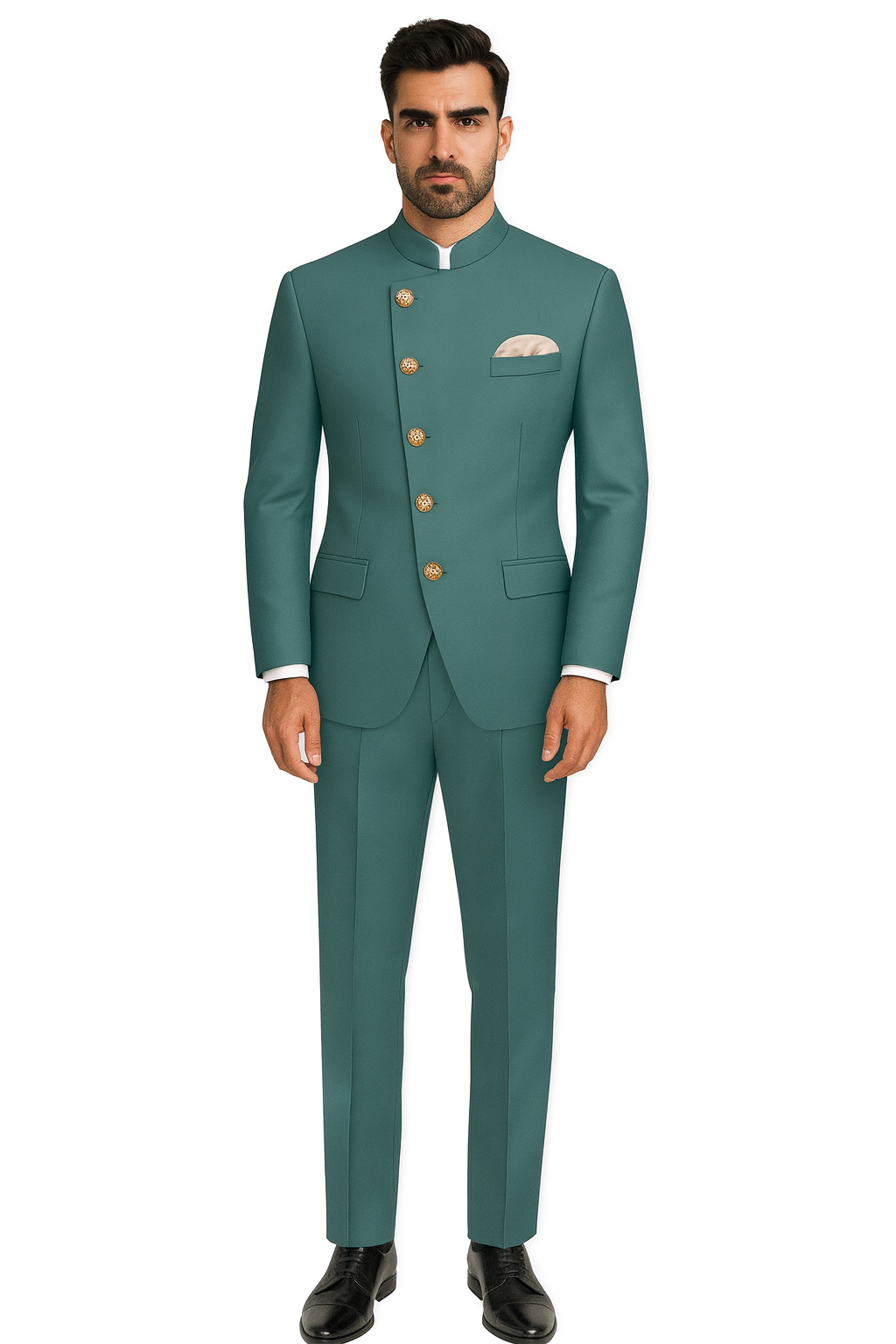 Travliam-William Green Wool Rich Cross Placket Bandhgala Stretchable Traveler Blazer