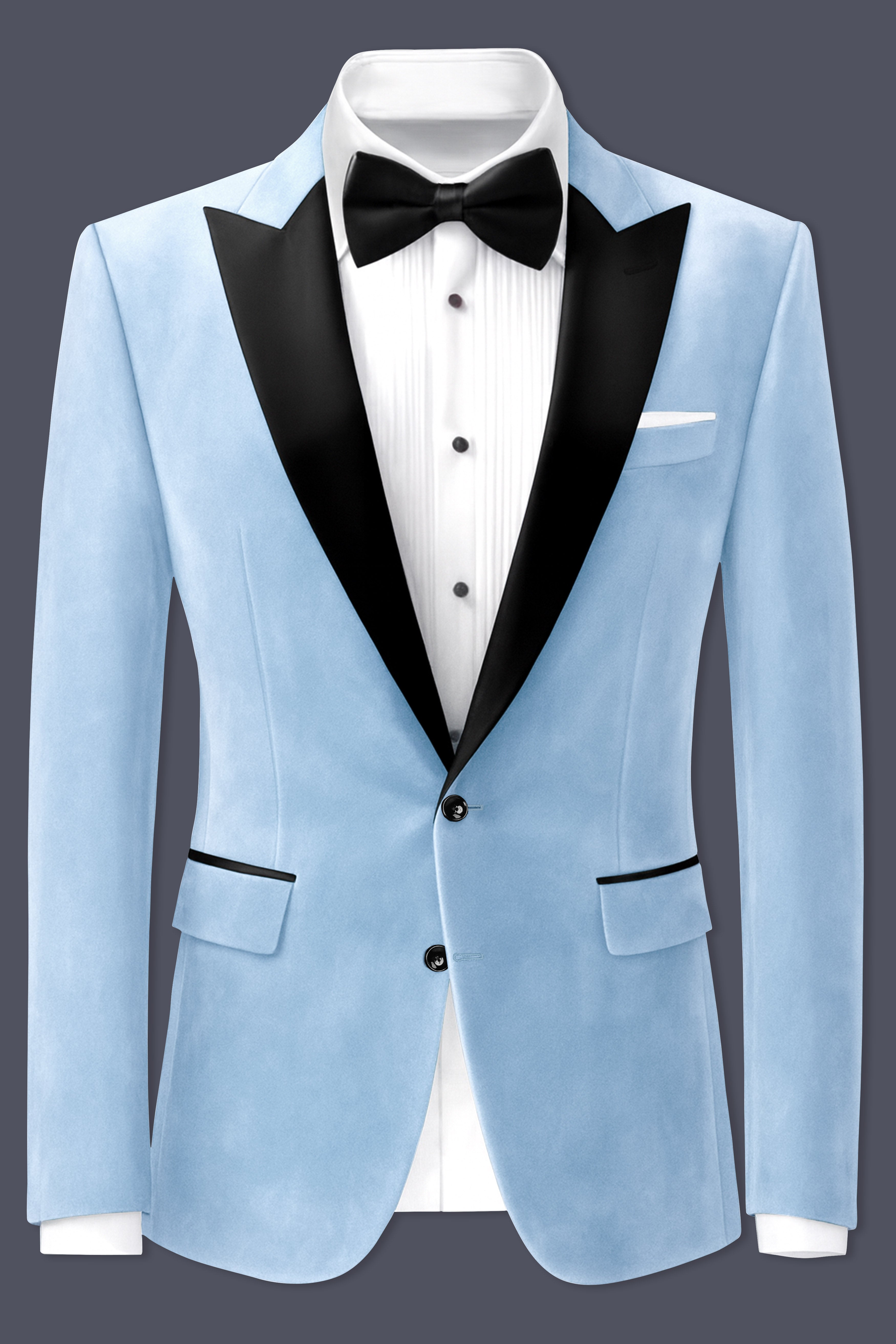Velairis-Spindle Sky Blue Textured Velvet Peak Lapel Tuxedo Blazer